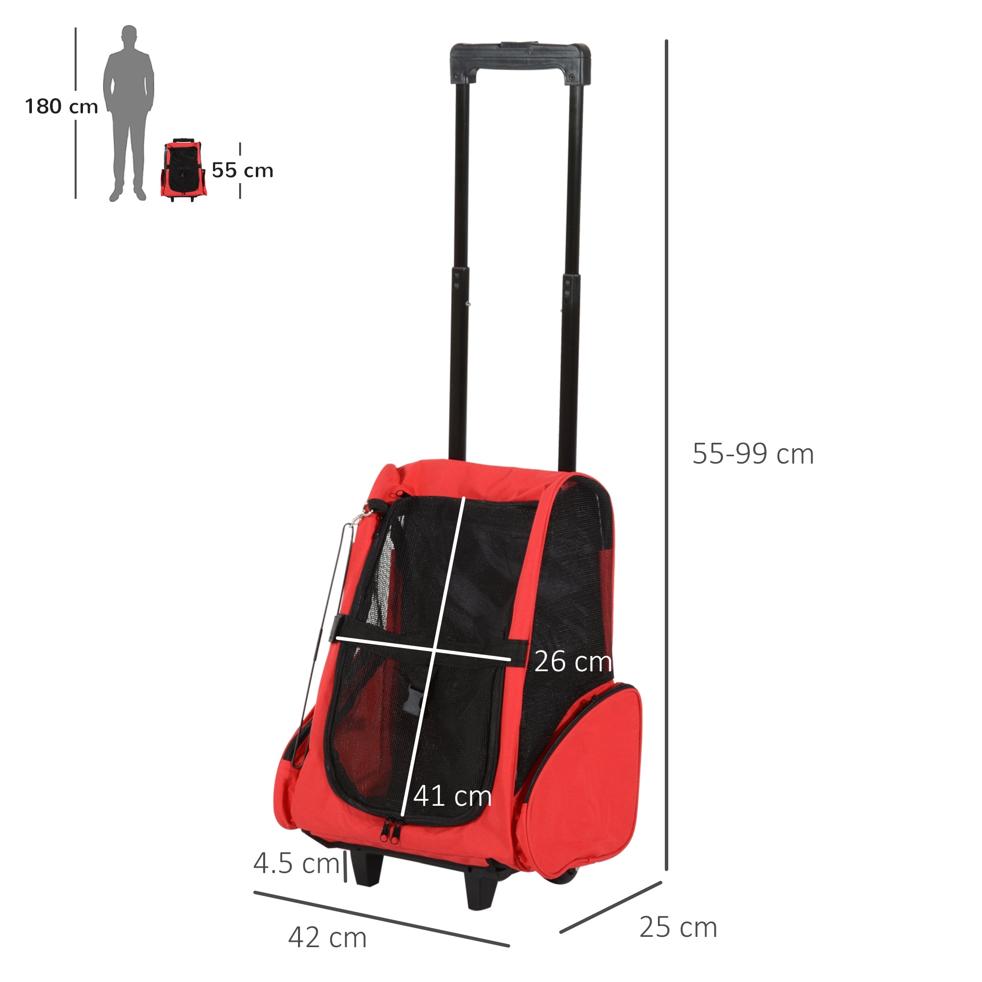 Dog Carrier Bag Travel Backpack Bag Cat Carrier Dog Bag w/ Trolley and Telescopic Handle, 42 x 25 x 55 cm, Red