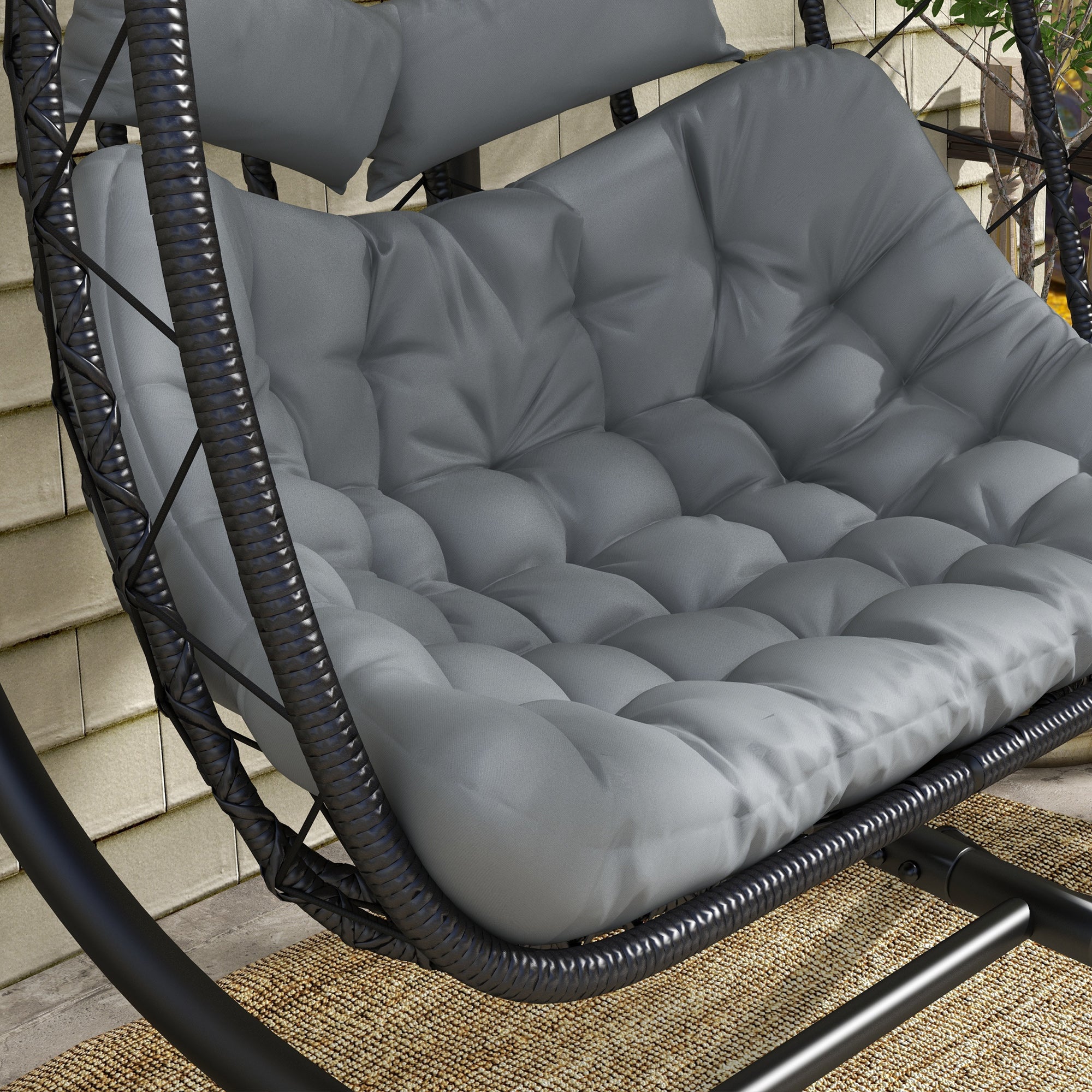 Outdoor PE Rattan Double-seater Swing Chair w/ Thick Padded Cushion, Patio Hanging Chair for 2 w/ Metal Stand, Headrest, Black