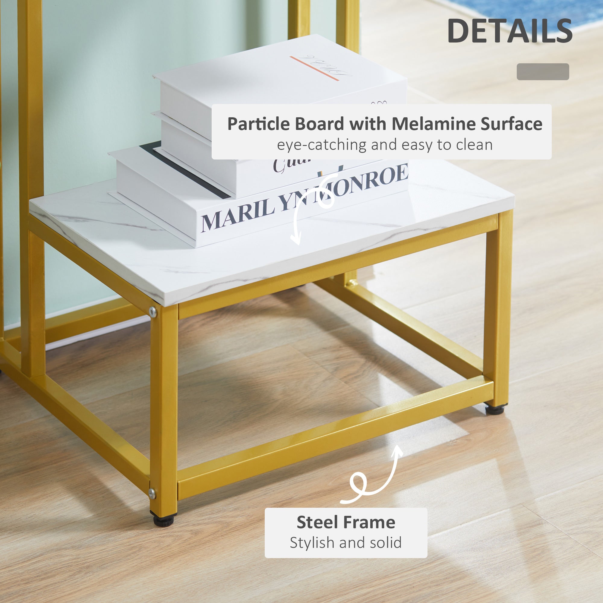 Side Table, Doule Layer End Table, Modern Coffee Table with Steel Frame and Adjustable Non-Slip Feet for Living room, Bedroom, White