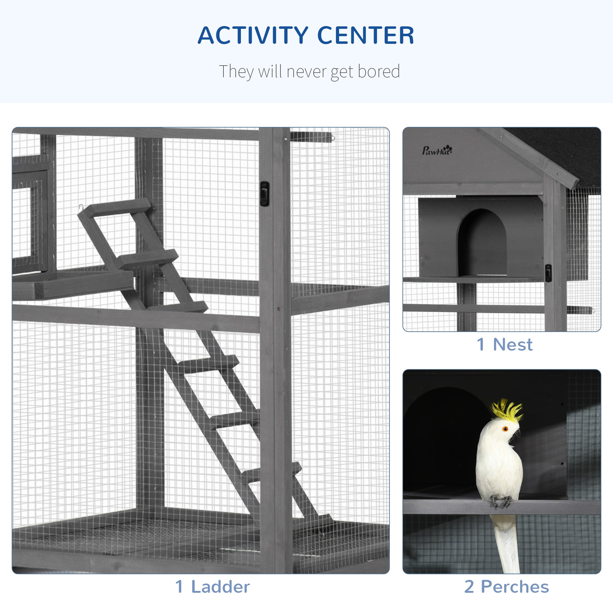 Bird Cage Mobile Wooden Aviary House for Canary Cockatiel Parrot with Wheel Perch Nest Ladder Slide-out Tray 86 x 78 x 180cm Dark Grey