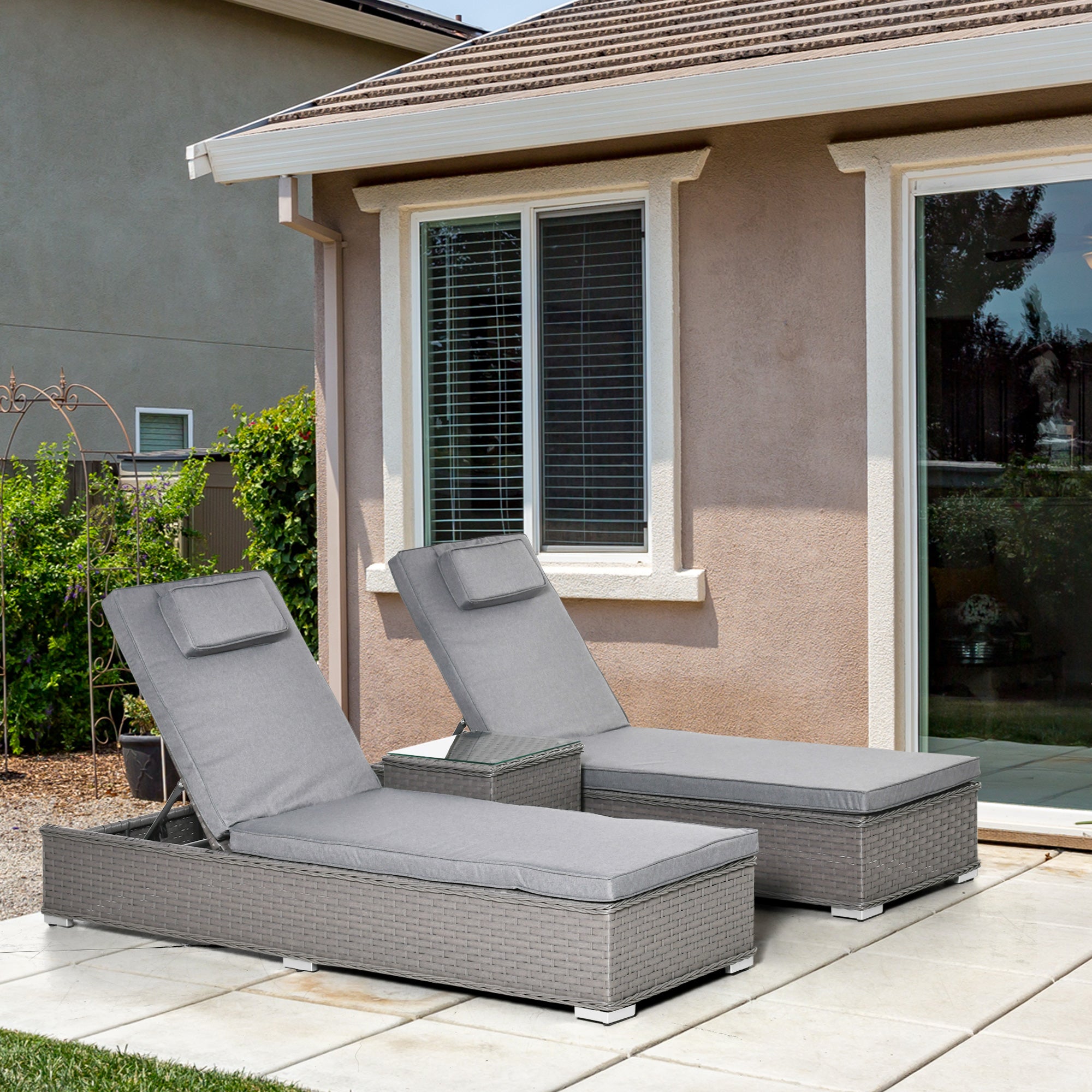 3 Piece Rattan Sun Lounger Set, Garden Furniture with Side Table, 5-Position Adjustable Recline Chair, Grey