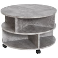 2 Tier Round Side End Table with Divided Shelves and Wheels - Cement