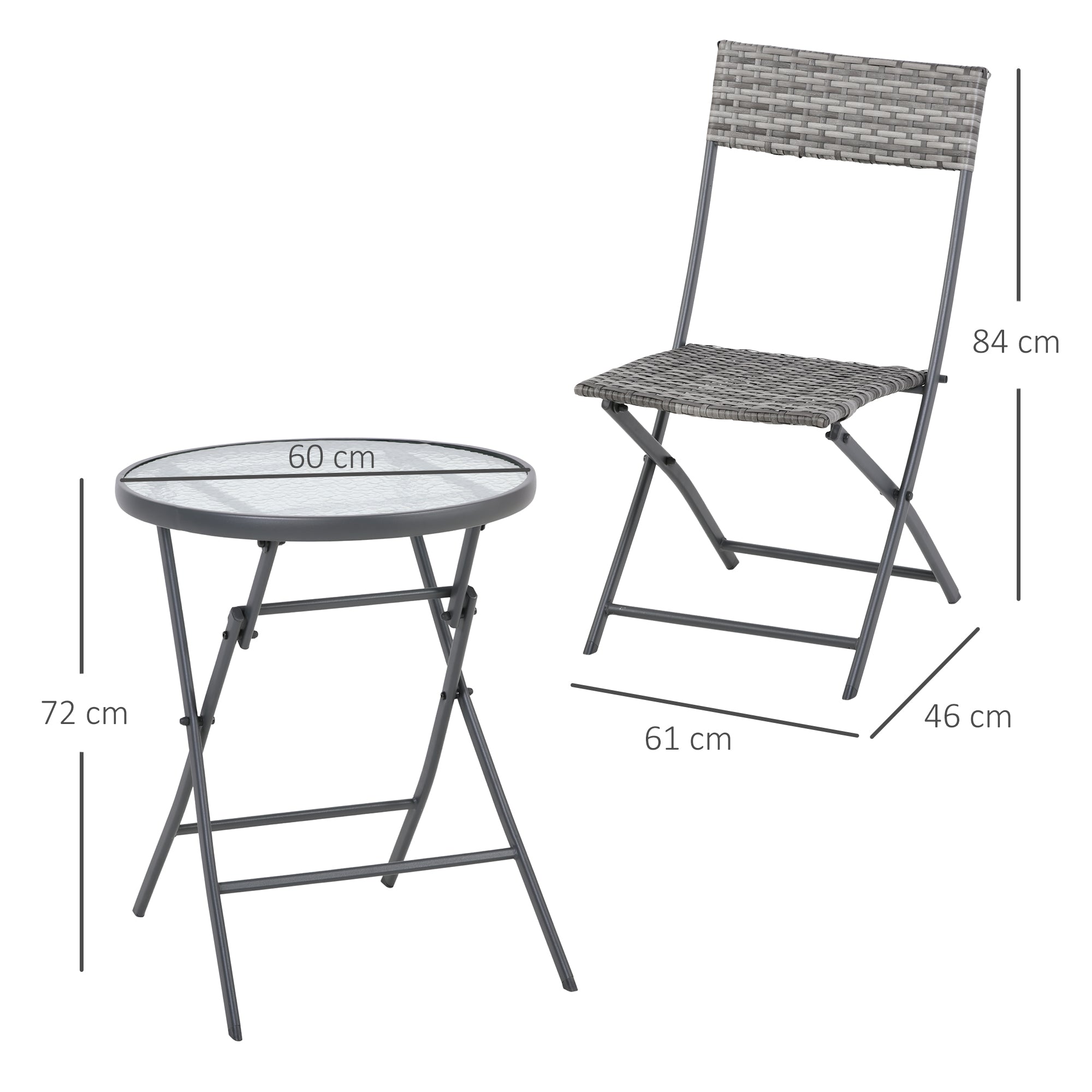 2 Seater Rattan Bistro Set Outdoor Foldable Wicker Conversation Balcony Furniture Set for Outdoor Yard Porch Poolside Lawn Balcony Grey