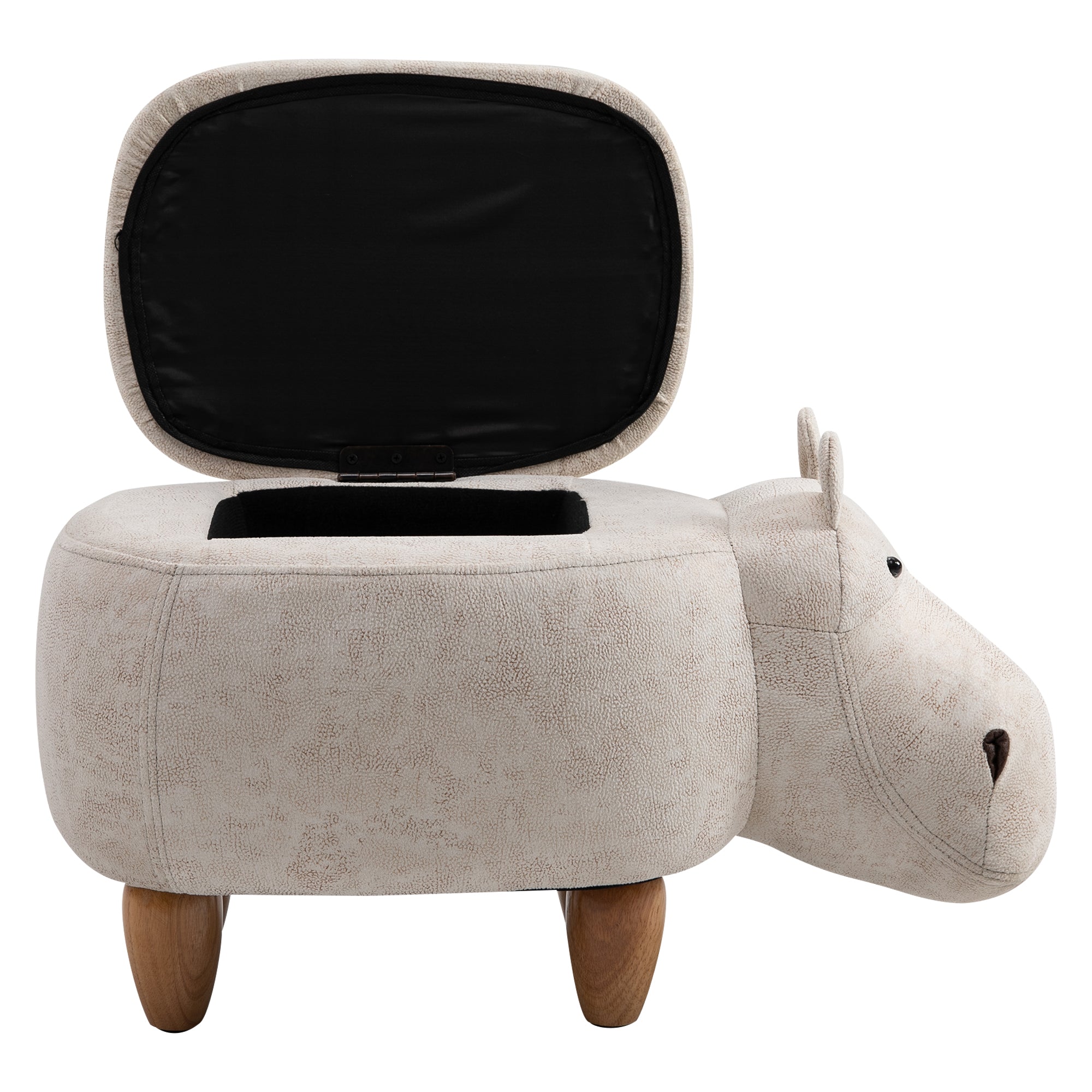 Hippo Storage Stool Cute Decoration Footrest Wood Frame Legs with Padding Lid Ottoman Animal Furniture Cream 36 x 65cm