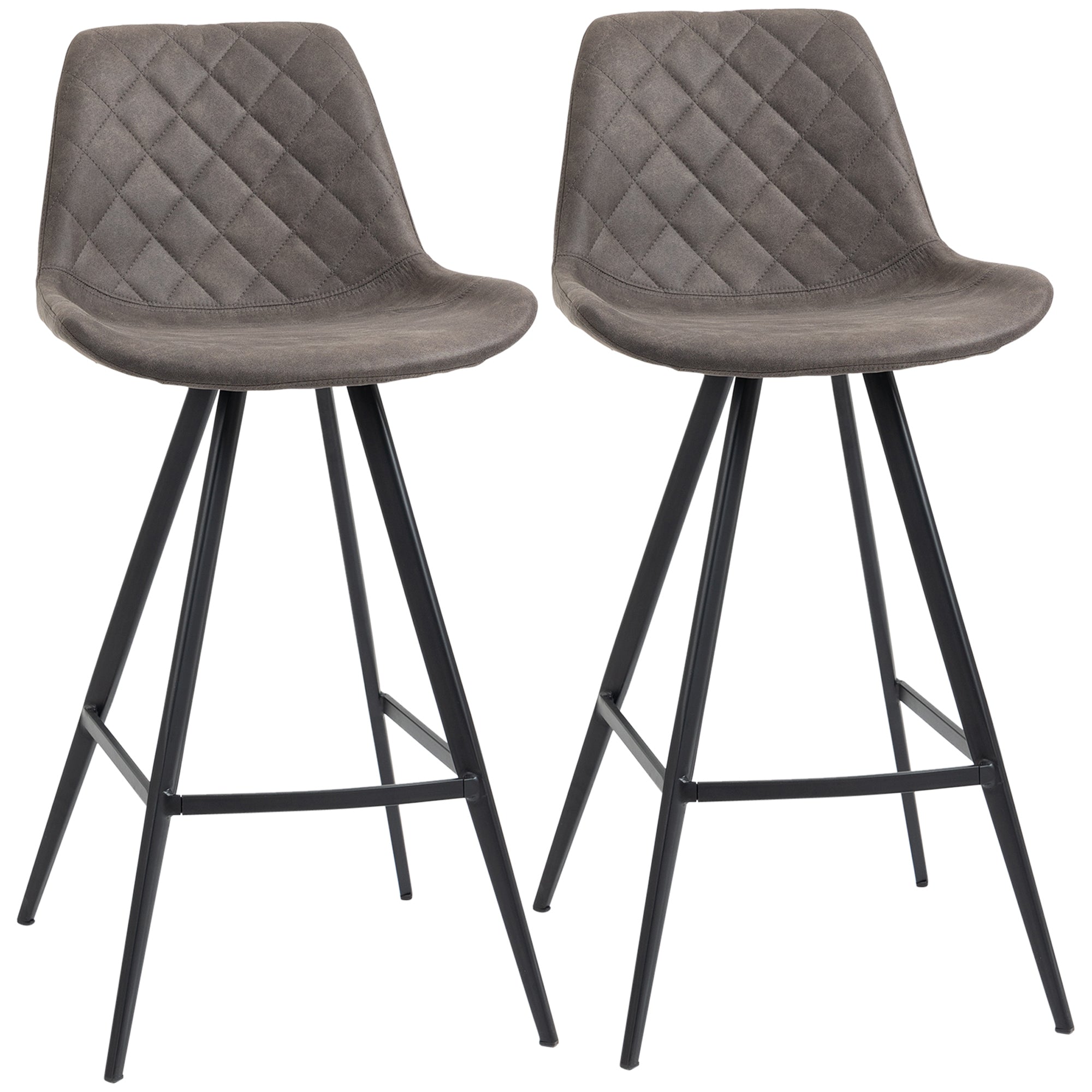 Set Of 2 Bar Stools Vintage Microfiber Cloth Tub Seats Padded Comfortable Steel Frame Footrest Quilted Home Kitchen Chair Stylish Dark Grey