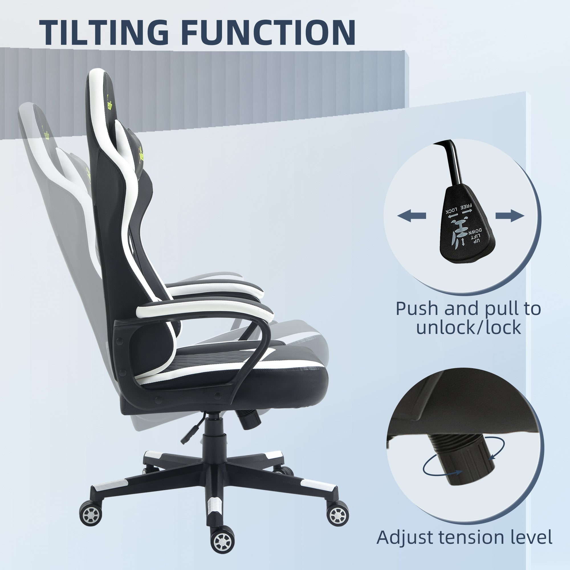 Racing Gaming Chair with Lumbar Support, Headrest, Swivel Wheel, PVC Leather Gamer Desk Chair for Home Office, Black White