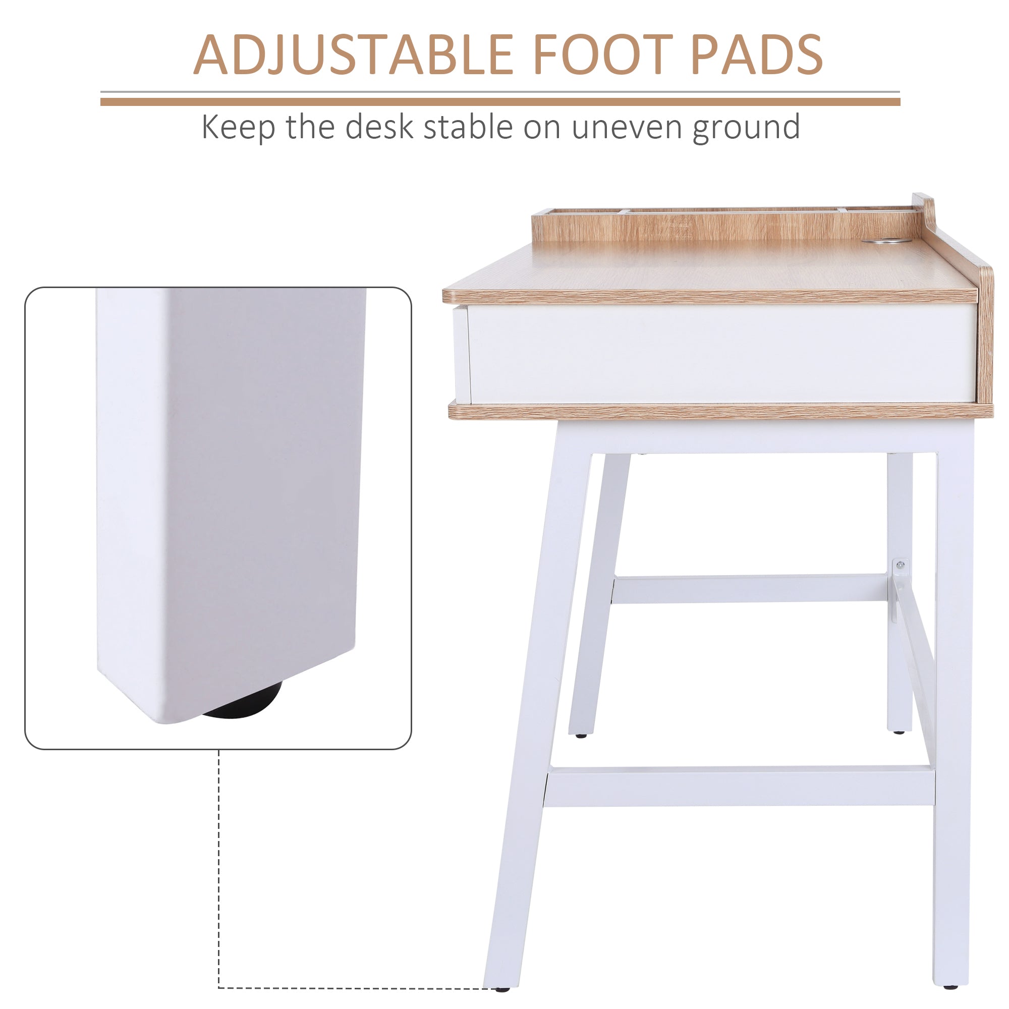 Computer Writing Desk Workstation with Drawer, Storage Compartments, Cable Management, Laptop Table Metal Frame Oak and White