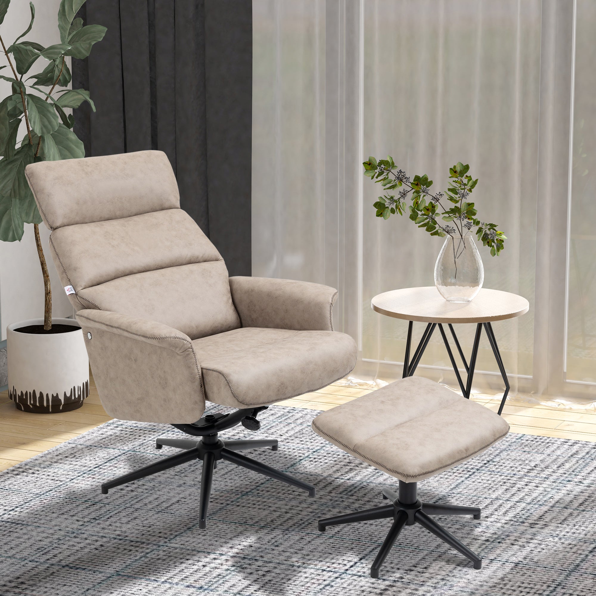 Swivel Recliner Chair and Footstool, Upholstered Reclining Armchair with Ottoman, Adjustable and Removable Headrest, Khaki