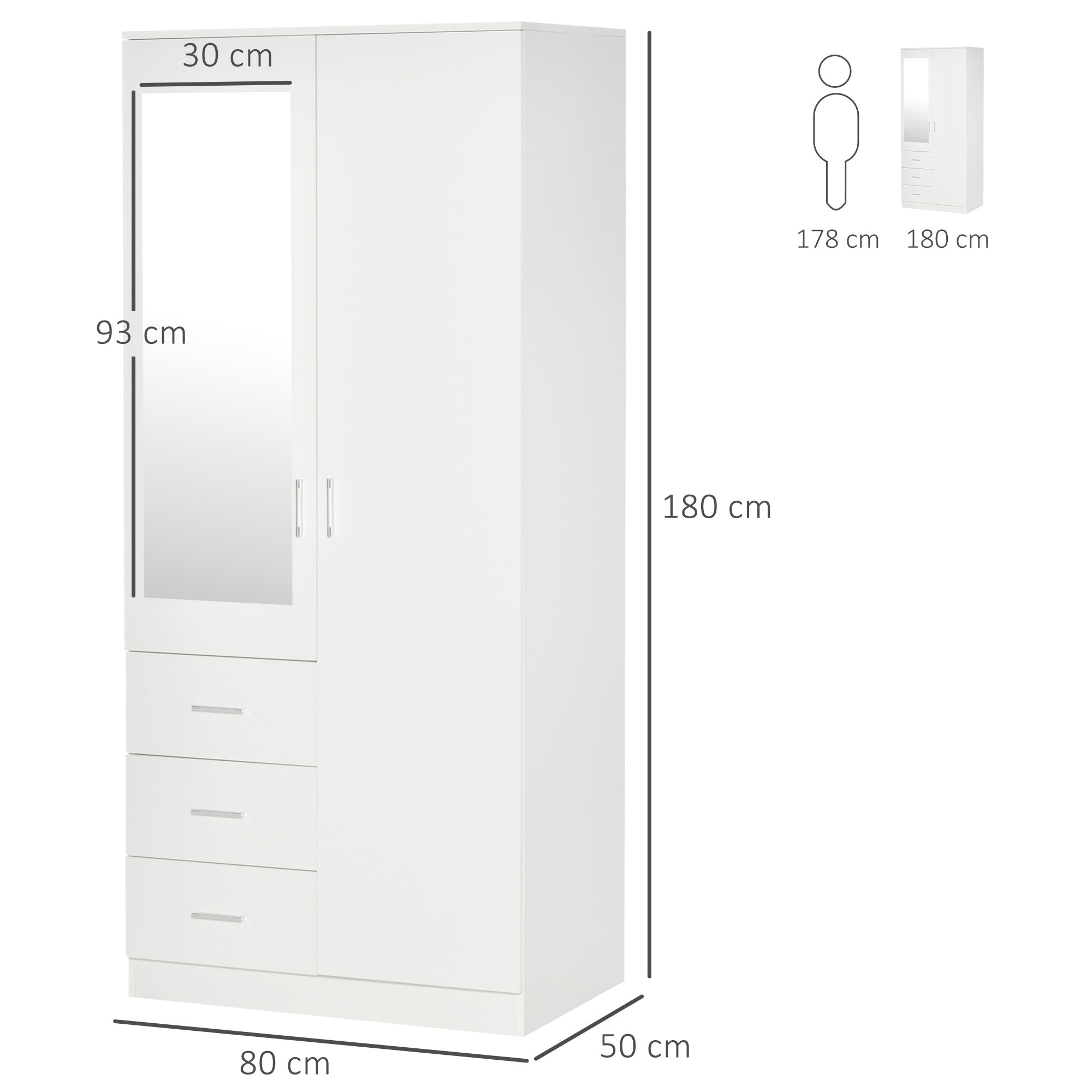 Modern Mirror Wardrobe 2 Door Storage Cupboards Home Storage Organisation Furniture with Adjustable Shelf, 3 Drawers, 80W x 50D x 180Hcm-Whit