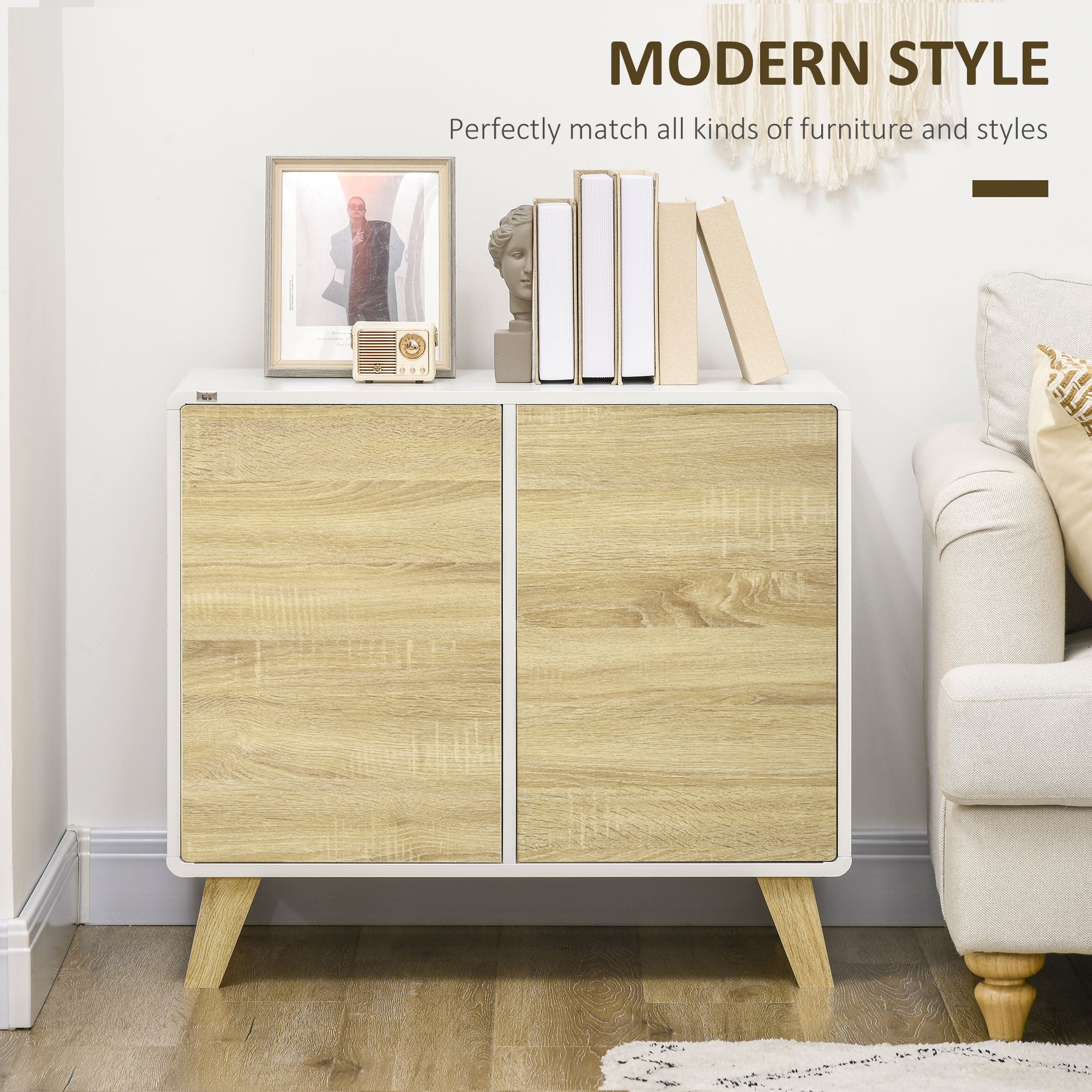 Modern Storage Cupboard with Push to Open Doors Adjustable Shelf for Living Room Home Office Bedroom White and Oak