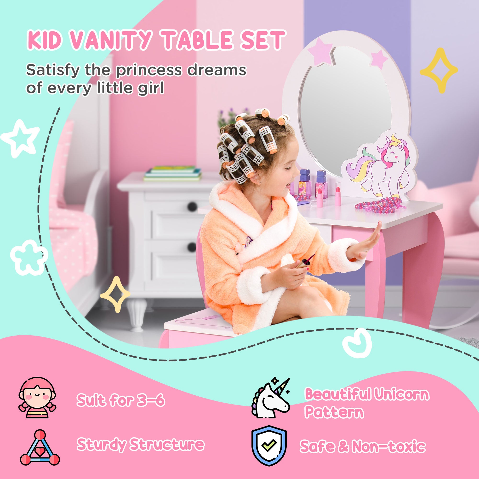 Girls Dressing Table w/ Mirror & Stool, Kids Dressing Table, Unicorn Pretend Play Toy for Toddles Age 3-6 Years, Acrylic Mirror, Pink & White