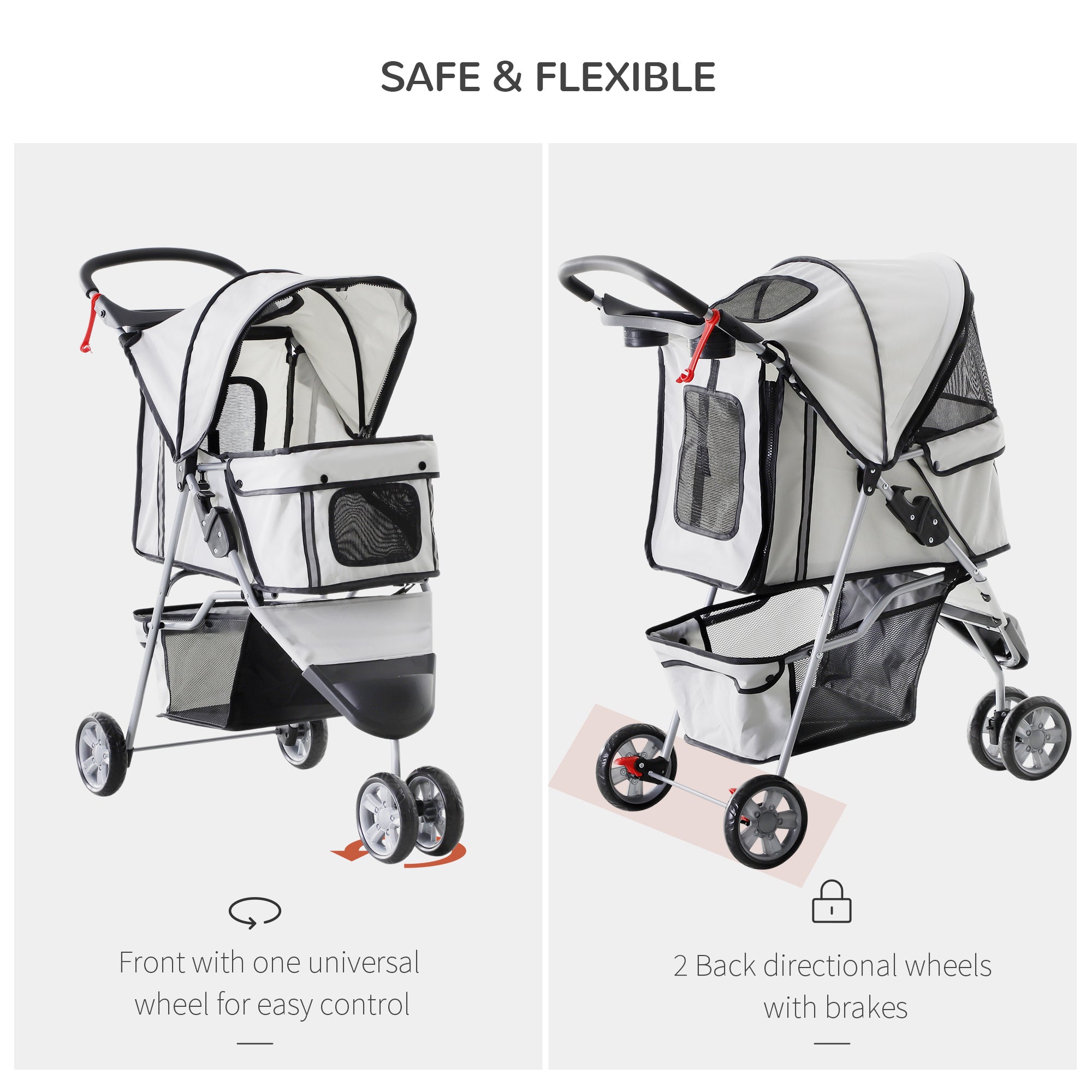 Dog Stroller Pet Travel Stroller Cat Dog Pushchair Trolley Puppy Jogger Carrier Three Wheels (Grey)