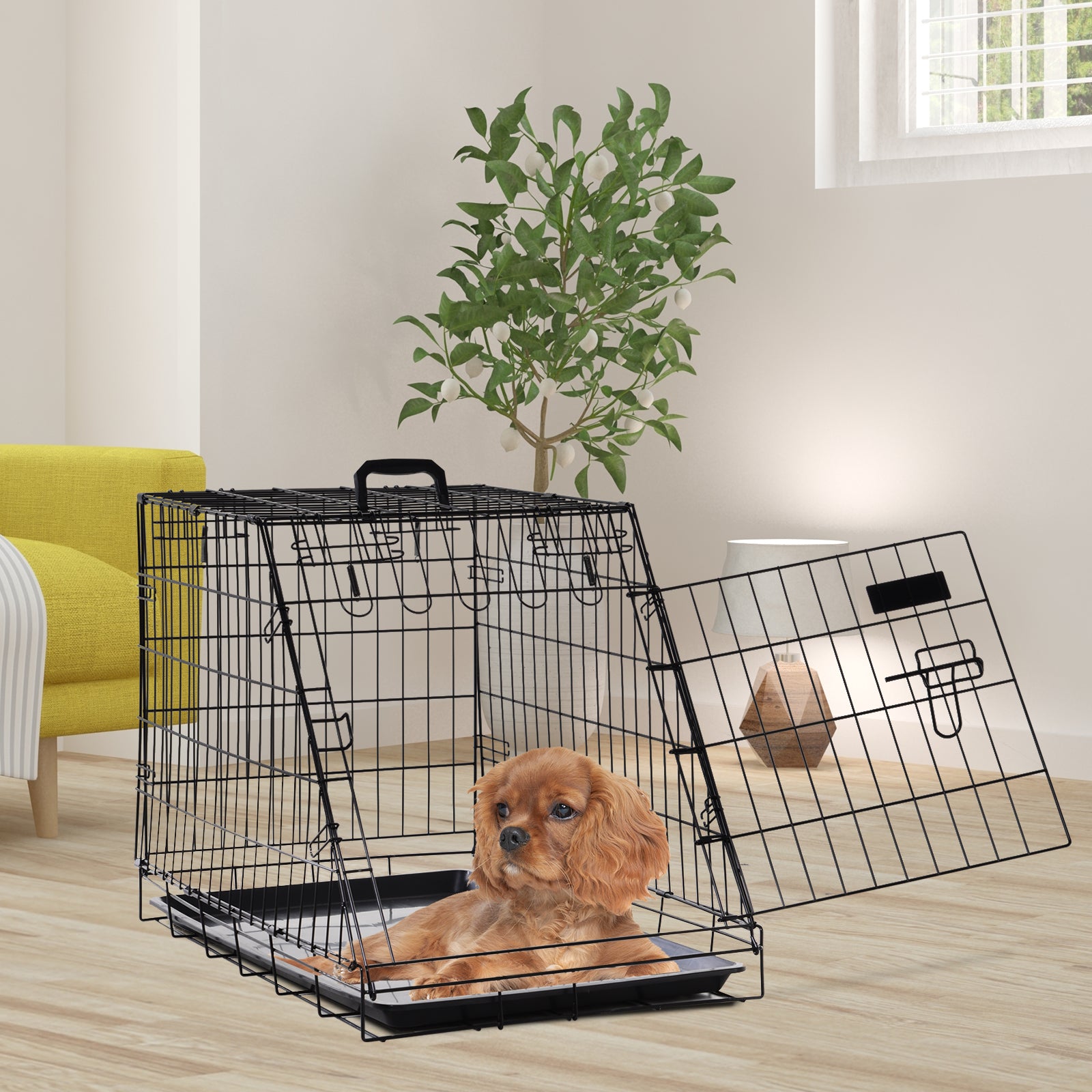 Metal Collapsible Car Dog Cage Crate Transport Folding Box Carrier Handle Removable Tray 77 x 47 x 55cm