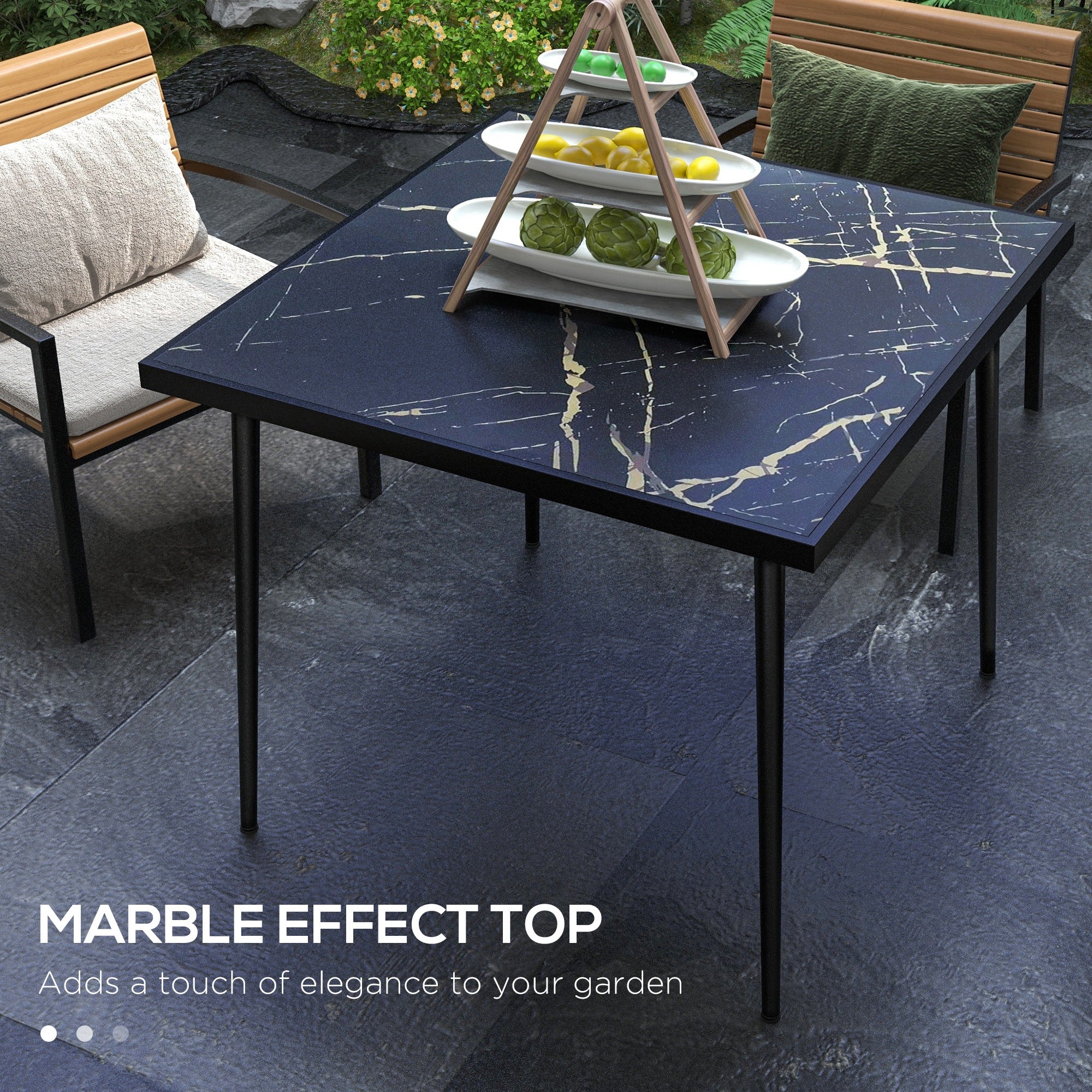 Square Garden Table, Outdoor Dining Table for 4 with Marble Effect Tempered Glass Top and Steel Frame for Patio, Black