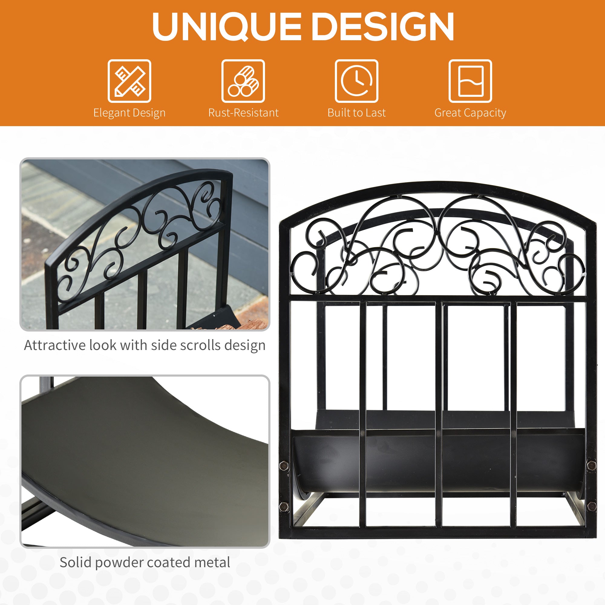 Wrought Iron Inner Arced Wood Log Holder Indoor Outdoor Storage Shelf w/ Elegant Scrolls Rust-Resistant Stacker Black