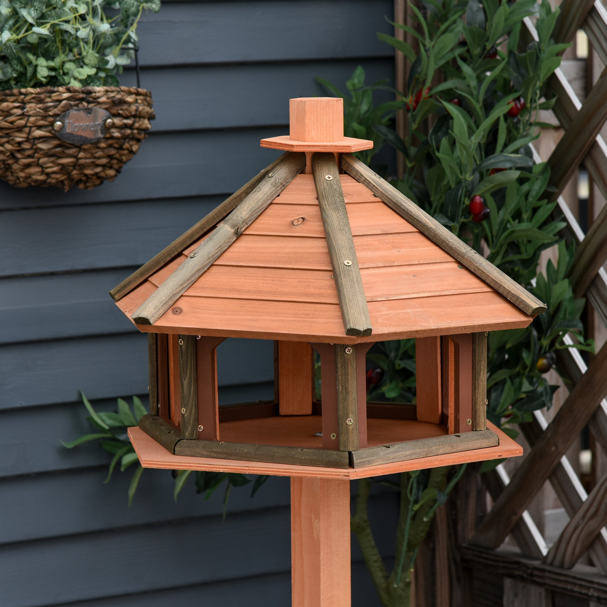 Wooden Bird Feeder Bird Table Bird House Playstand with Water-resistant Roof 130cm for Outside Use Brown