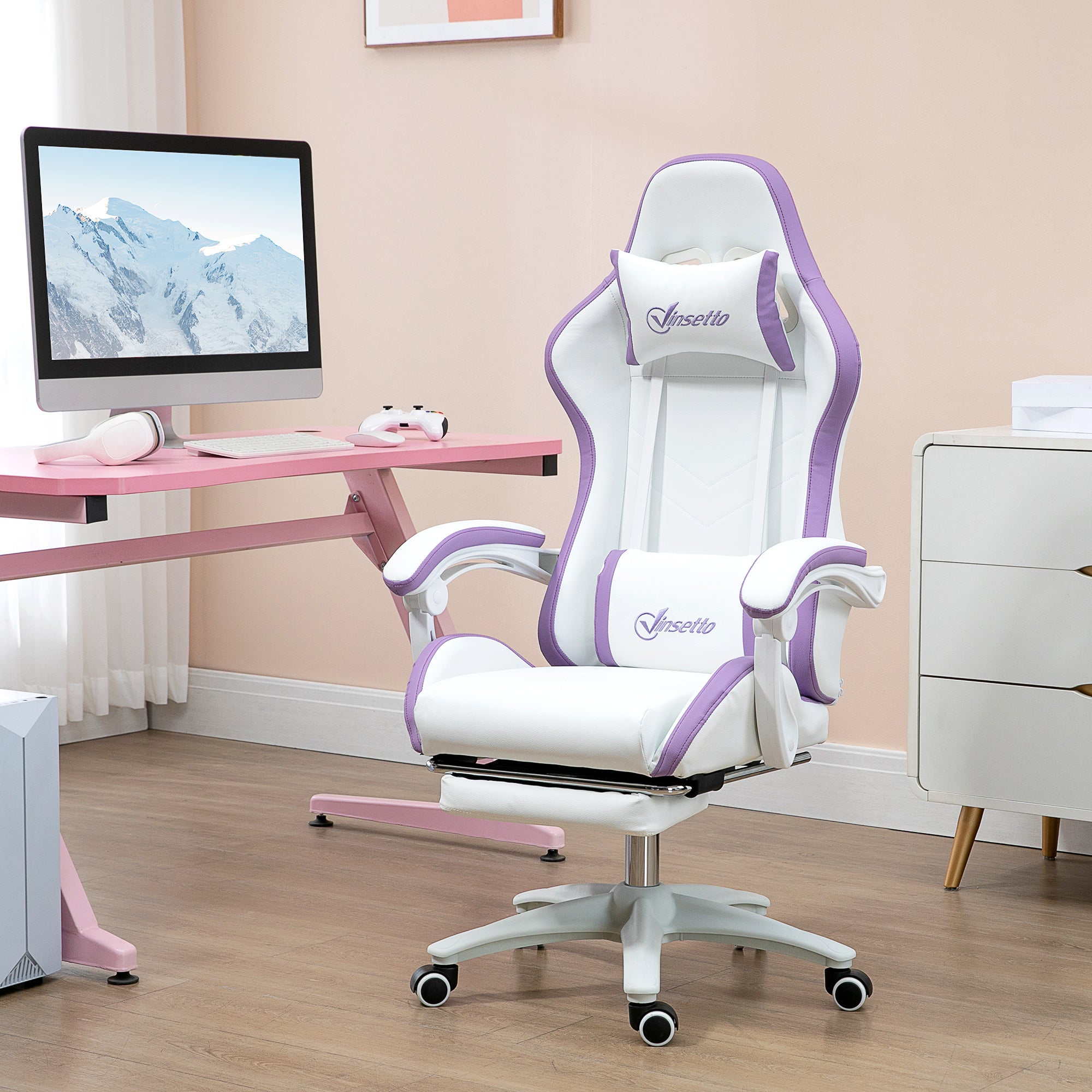 Racing Gaming Chair, Reclining PU Leather Computer Chair with 360 Degree Swivel Seat, Footrest, Removable Headrest and Lumber Support, Purple