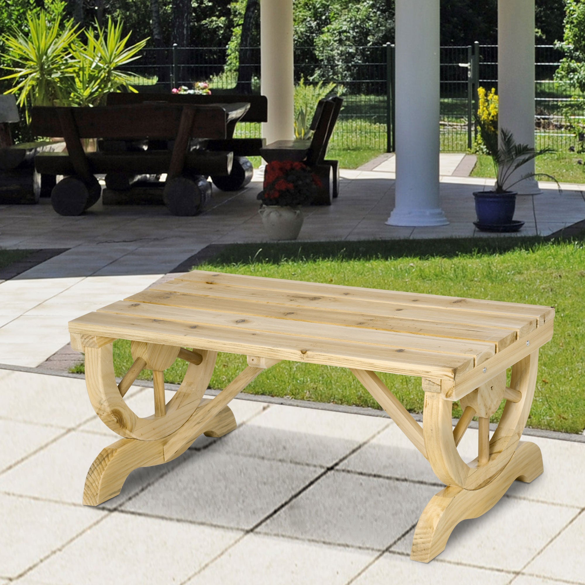 Rustic 2-Person Wooden Garden Bench with Wagon Wheel Legs Slatted Seat - Natural Wood Effect