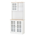 Kitchen Sideboard Storage Cabinet with Grid Glass Doors and Oak Countertop 80L x 37W x 183H cm - White