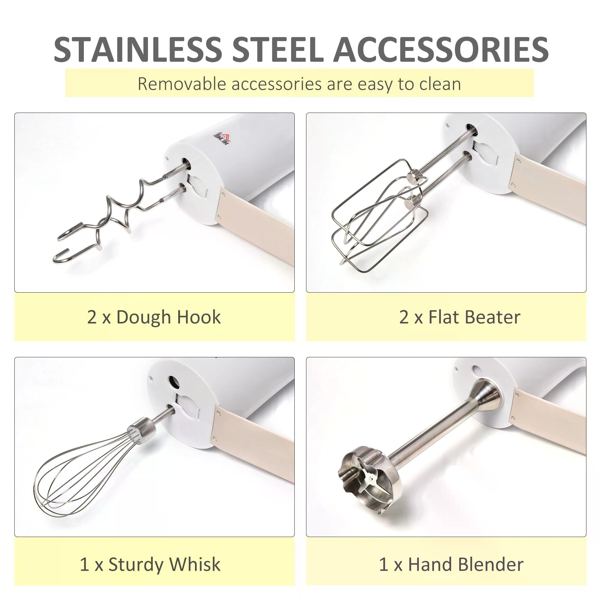 Five-In-One Hand Mixer 500W Electric Whisk Five Speed w/ Stainless Steel Dough Hook Beater Blender Chopper for Kitchen Baking - White