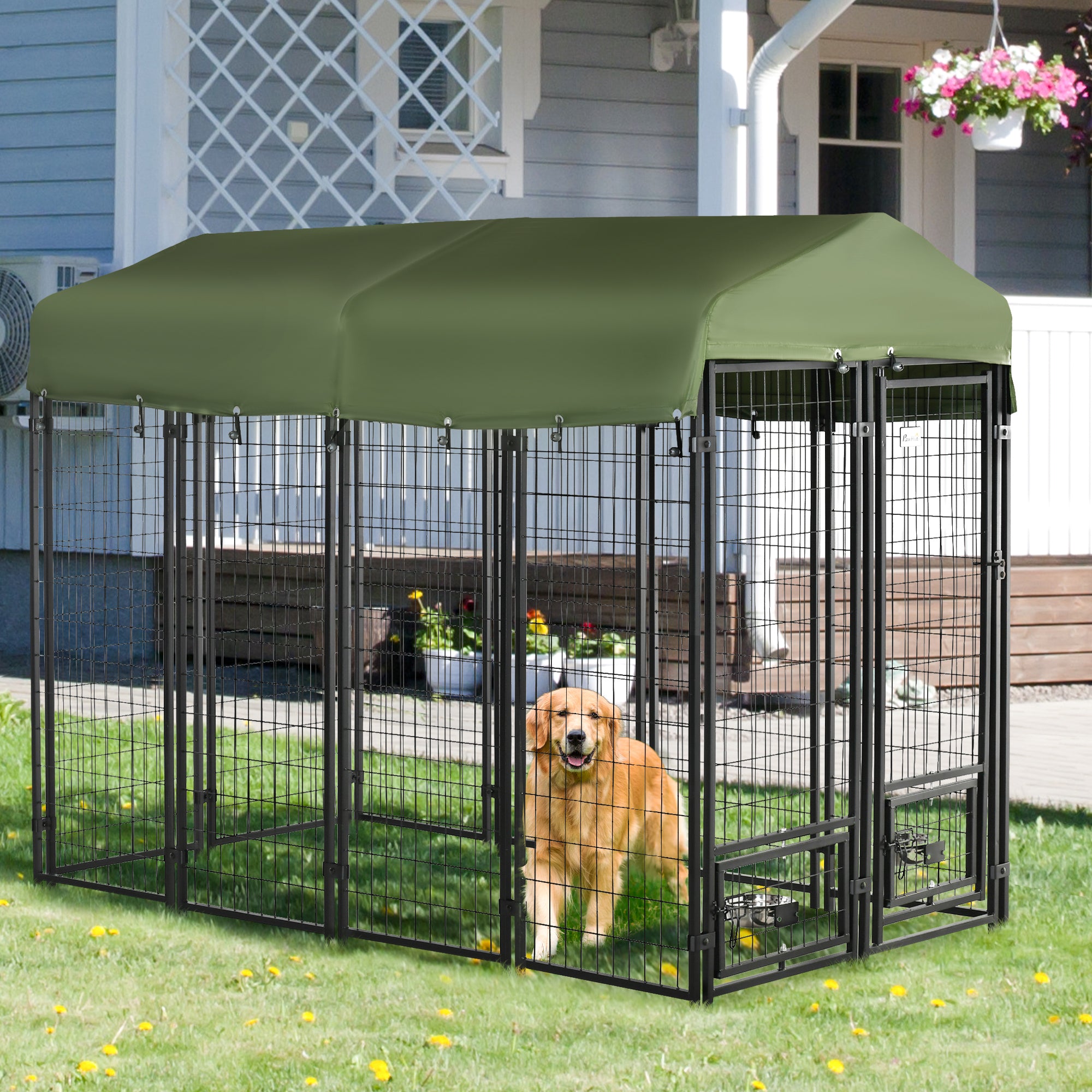 Outdoor Dog Kennel, Lockable Pet Playpen Crate, Welded Wire Steel Fence, with Water-, UV-Resistant Canopy, Rotating Bowl Holders 8x4x6ft Green