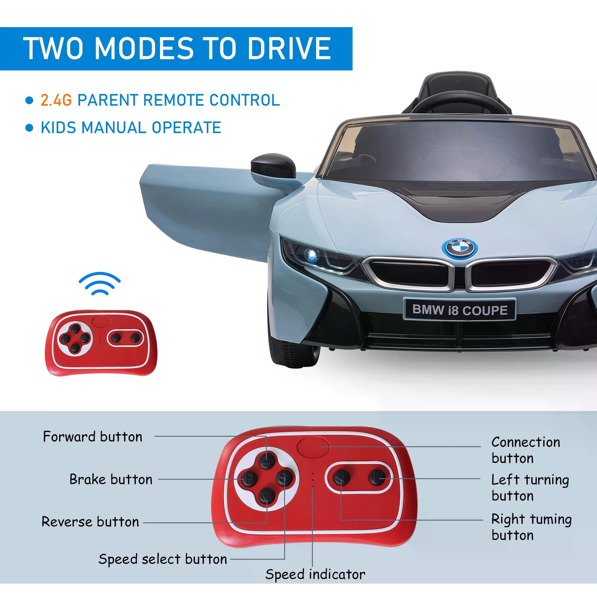 BMW I8 Coupe Licensed 6V Ride On Car Toy with Remote Control, Powered Electric Car, Music, Horn, for 3-8 Years, Blue