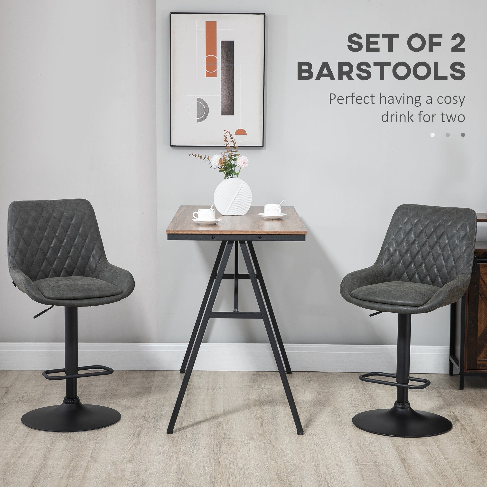 Retro Bar Stools Set of 2, Adjustable Kitchen Stool, Upholstered Bar Chairs with Back, Swivel Seat, Dark Grey