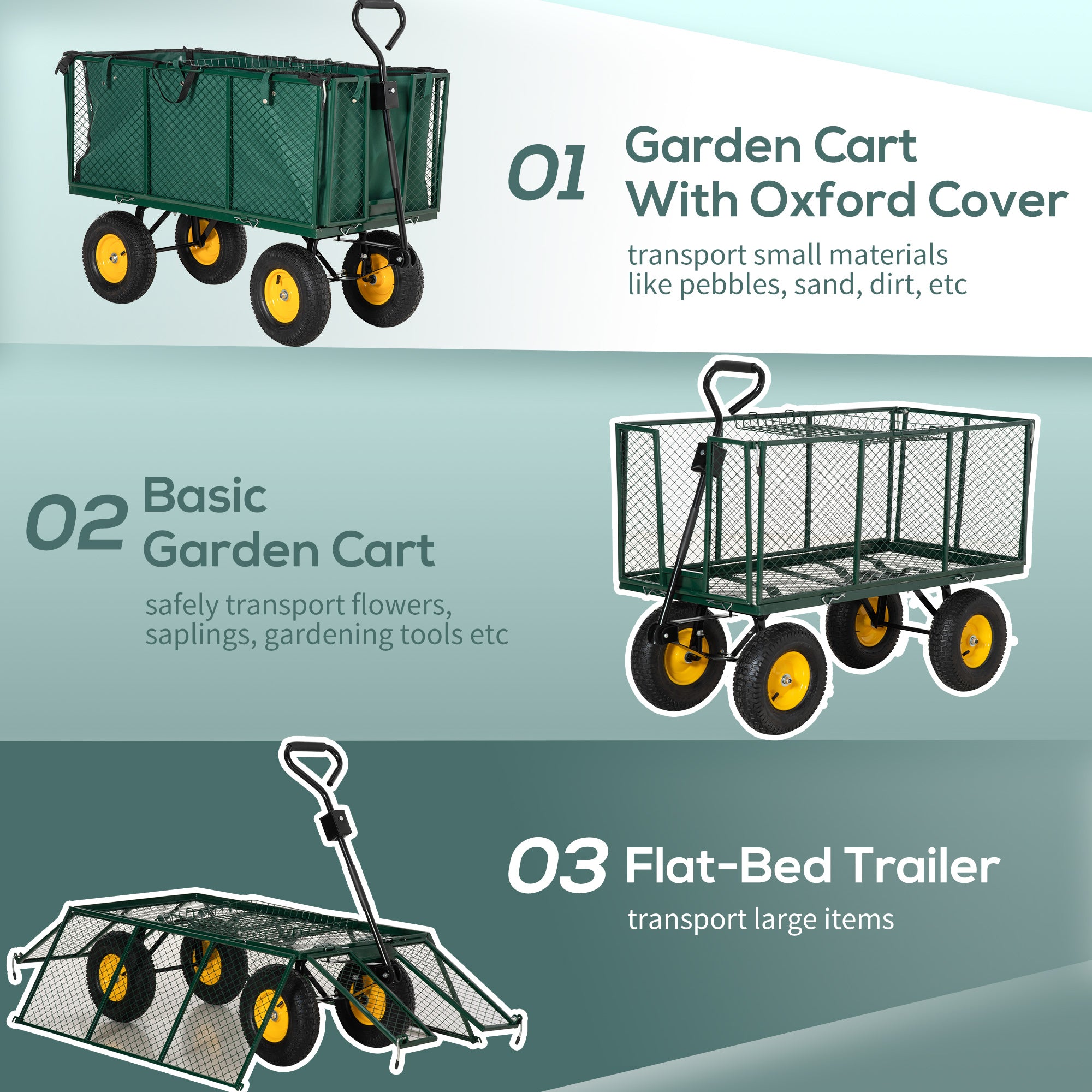 Large 4 Wheel Heavy Duty Garden Trolley Cart Wheelbarrow with Handle and Metal Frame - Green