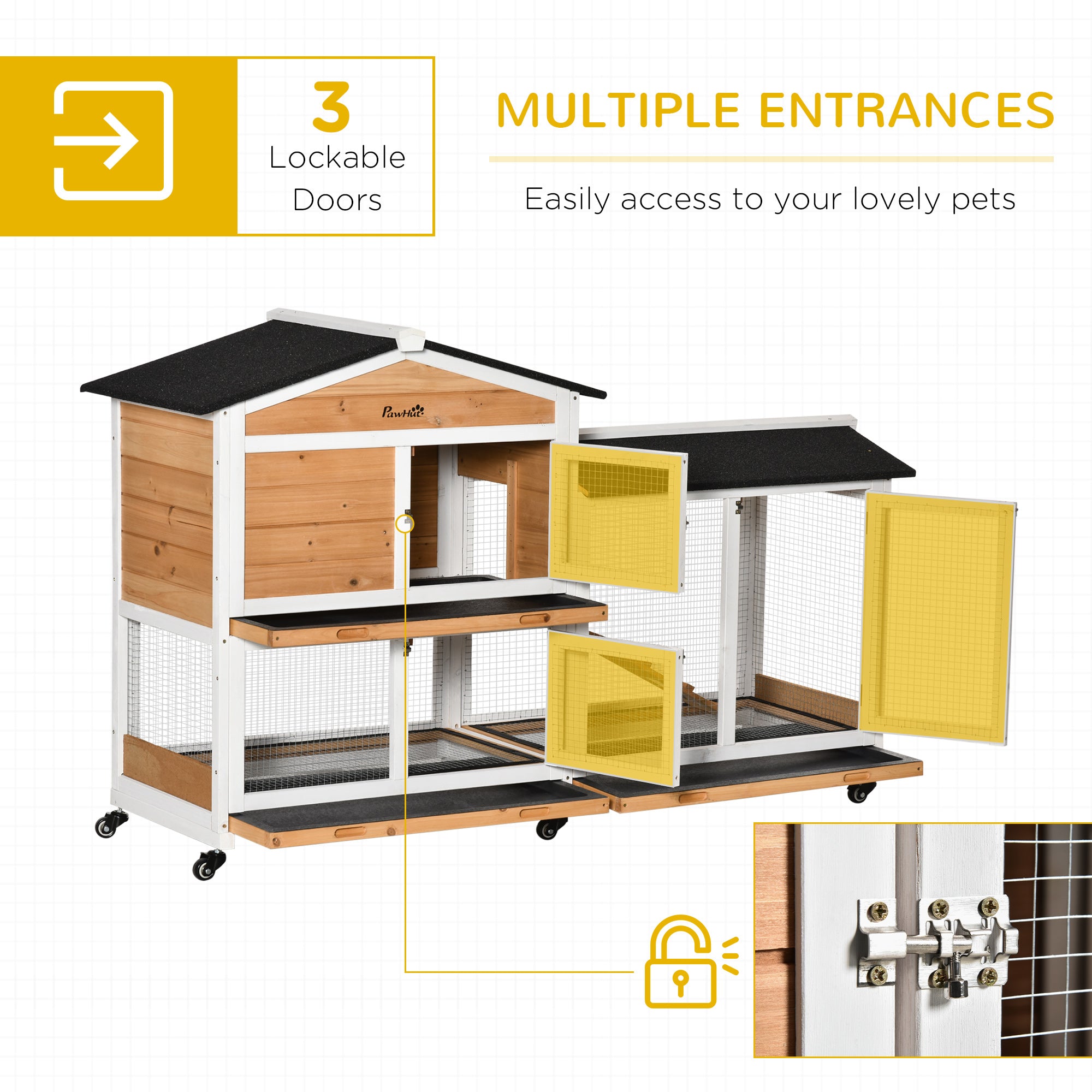 Two-Tier Wooden Rabbit Hutch Mobile Guinea Pig Cage Bunny Run w/ Wheels, Run, Slide-Out Tray, Ramp