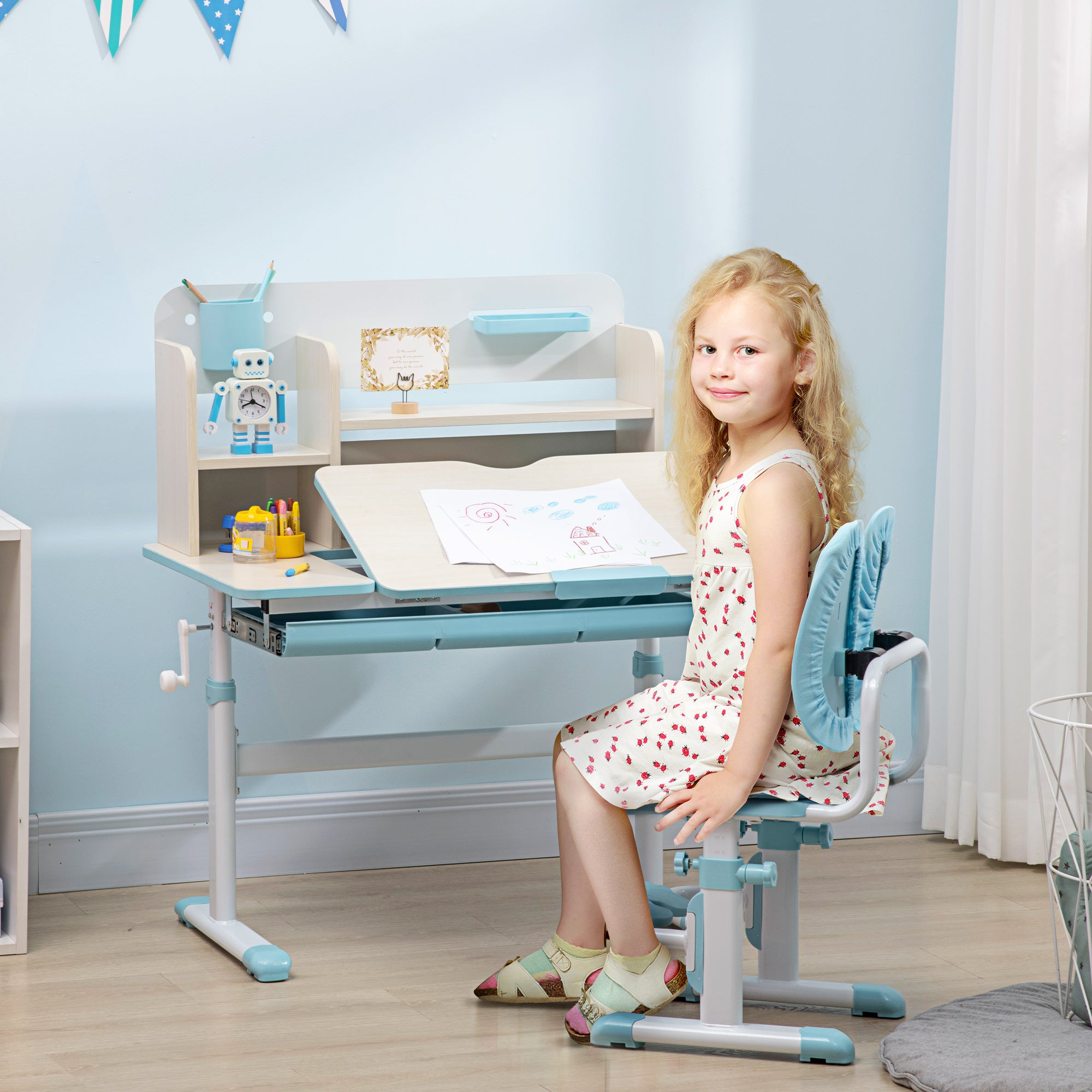 Kids Desk and Chair Set, Height Adjustable School Desk & Chair Set w/ Shelves, Washable Cover, Anti-Slip Mat, for Kids Aged 3-12, Blue