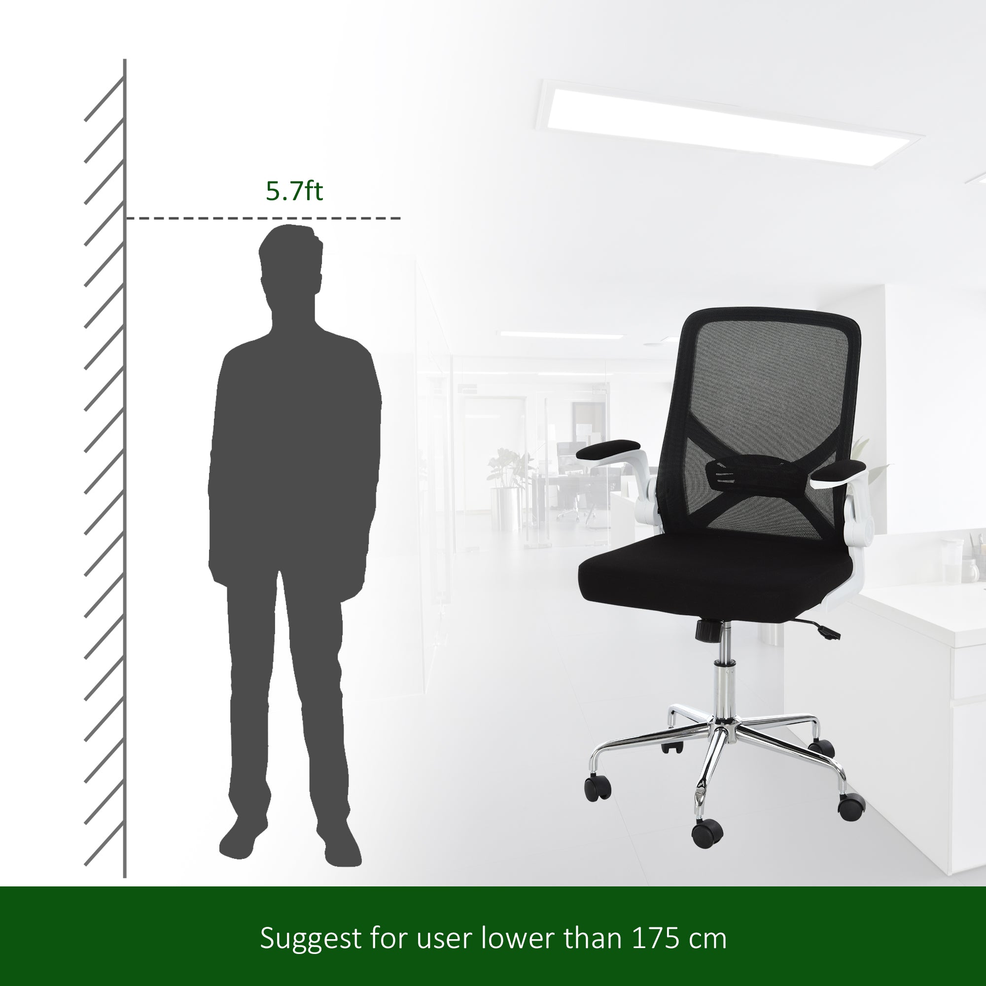 Mesh Office Chair with Flip-Up Arm, Lumbar Support, Home Task High Back Swivel Chair Adjustable Height, Black