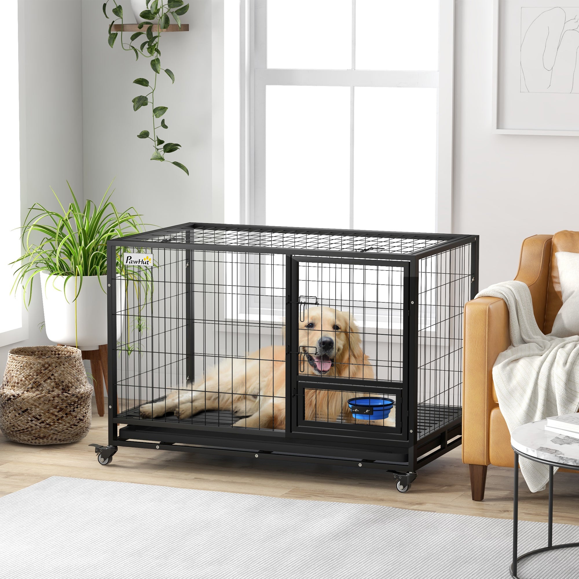 48" Heavy Duty Dog Crate on Wheels w/ Bowl Holder, Removable Tray, Detachable Top, Double Doors for L, XL Dogs