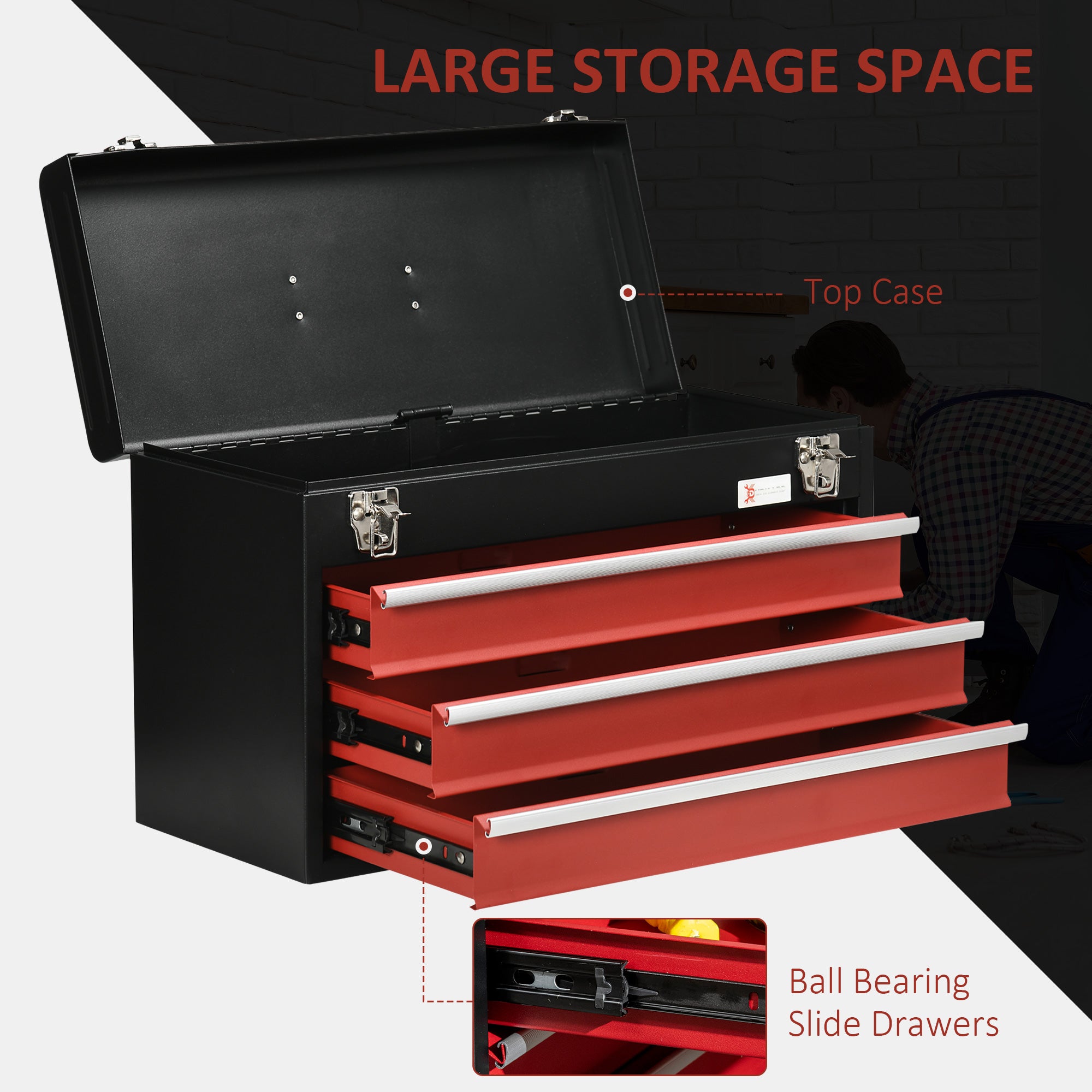 3 Drawer Tool Chest, Lockable Metal Tool Box with Ball Bearing Runners, Portable Toolbox, 510mm x 220mm x 320mm