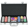300PCS Poker Chip Set with Mat, 2 Decks, Dealer Button & 5 Dice - Silver Tone