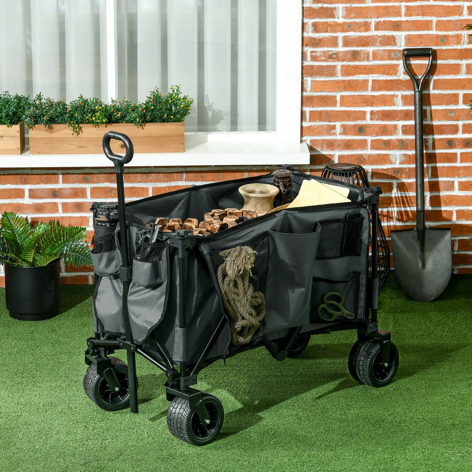 Folding Garden Trolley, Cargo Traile on Wheels, Collapsible Camping Trolley, Outdoor Utility Wagon, Dark Grey