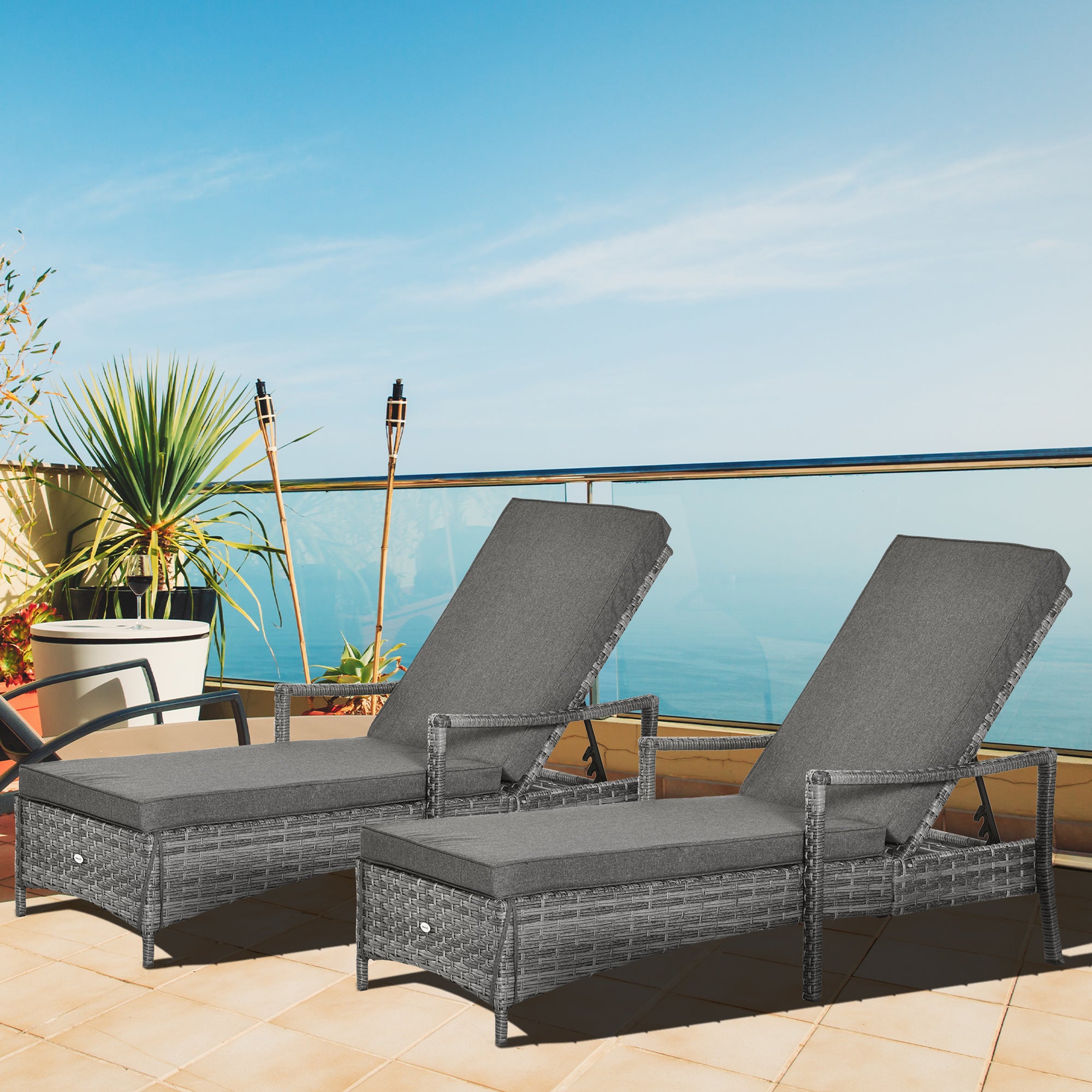 PE Rattan Sun Loungers set of 2 with Cushion, Outdoor 2 Pieces Garden Sunbed Furniture with 4-Level Recliner Backrest, and Armrest, Grey