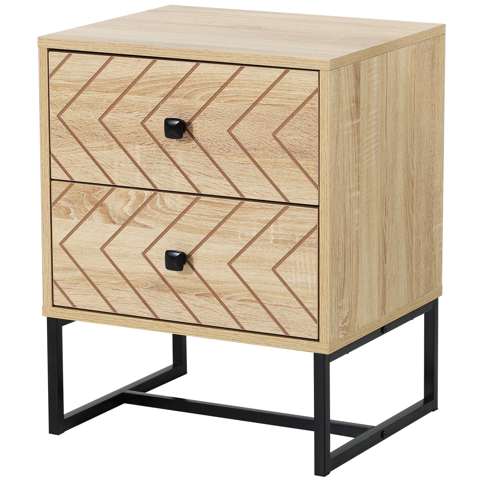 Bedside Table Nightstand Two-Draw Bedroom Storage Unit Unique Zig Zag Design w/ Black Metal Handles Melamine Finish