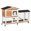 Two-Tier Wooden Rabbit Hutch with Wheels, Run, Ramp & Slide-Out Tray - Yellow White Black