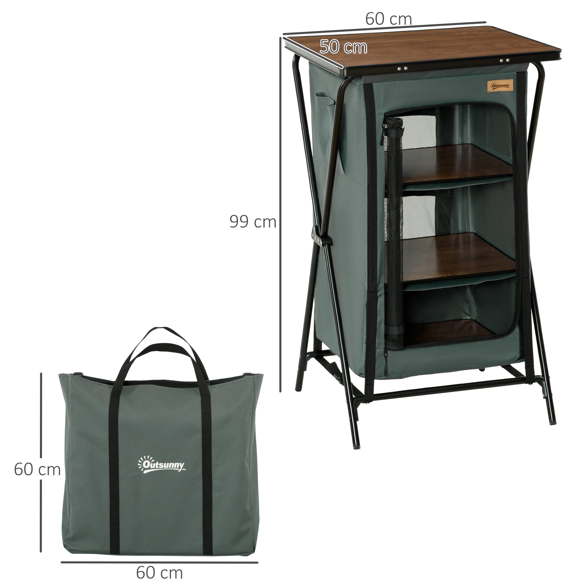 Camping Cupboard, Aluminium Foldable Kitchen Station Cook Table w/ Storage Shelves and Carrying Bag for BBQ Party Picnic Backyard