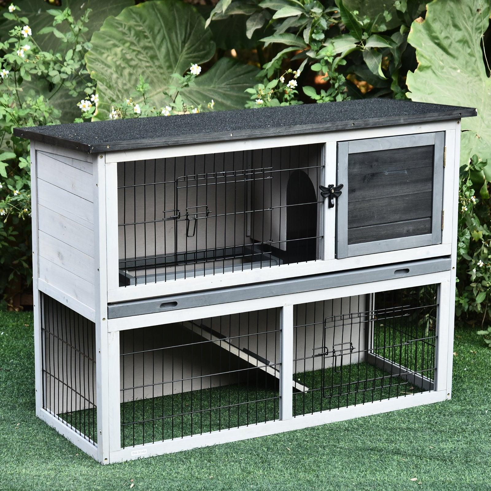 Small Animal Two-Level Fir Wood Hutch w/ Slide Out Tray Grey