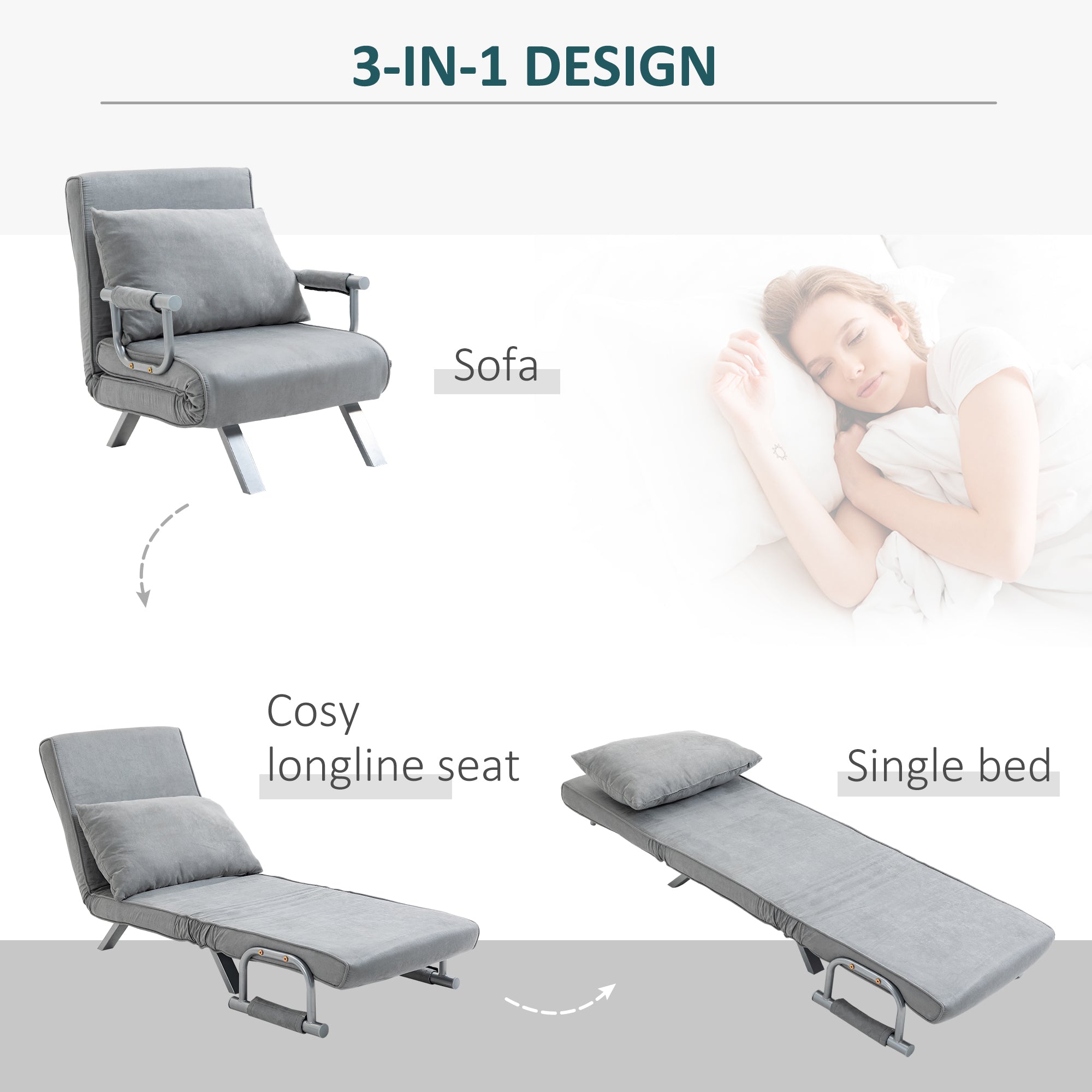 2-In-1 Design Single Sofa Bed Sleeper, Foldable Armchair Bed Lounge Couch w/ Pillow, Light Grey