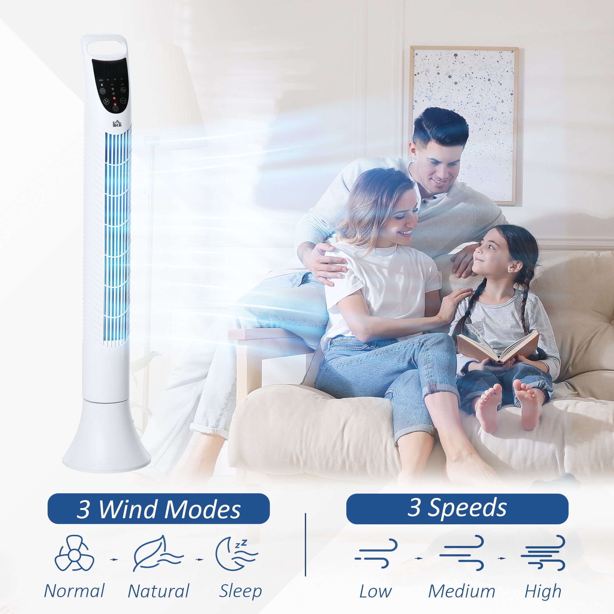 36'' Freestanding Tower Fan, 3 Speed 3 Mode, 7.5h Timer, 70 Degree Oscillation, LED Panel, 5M Remote Controller, White