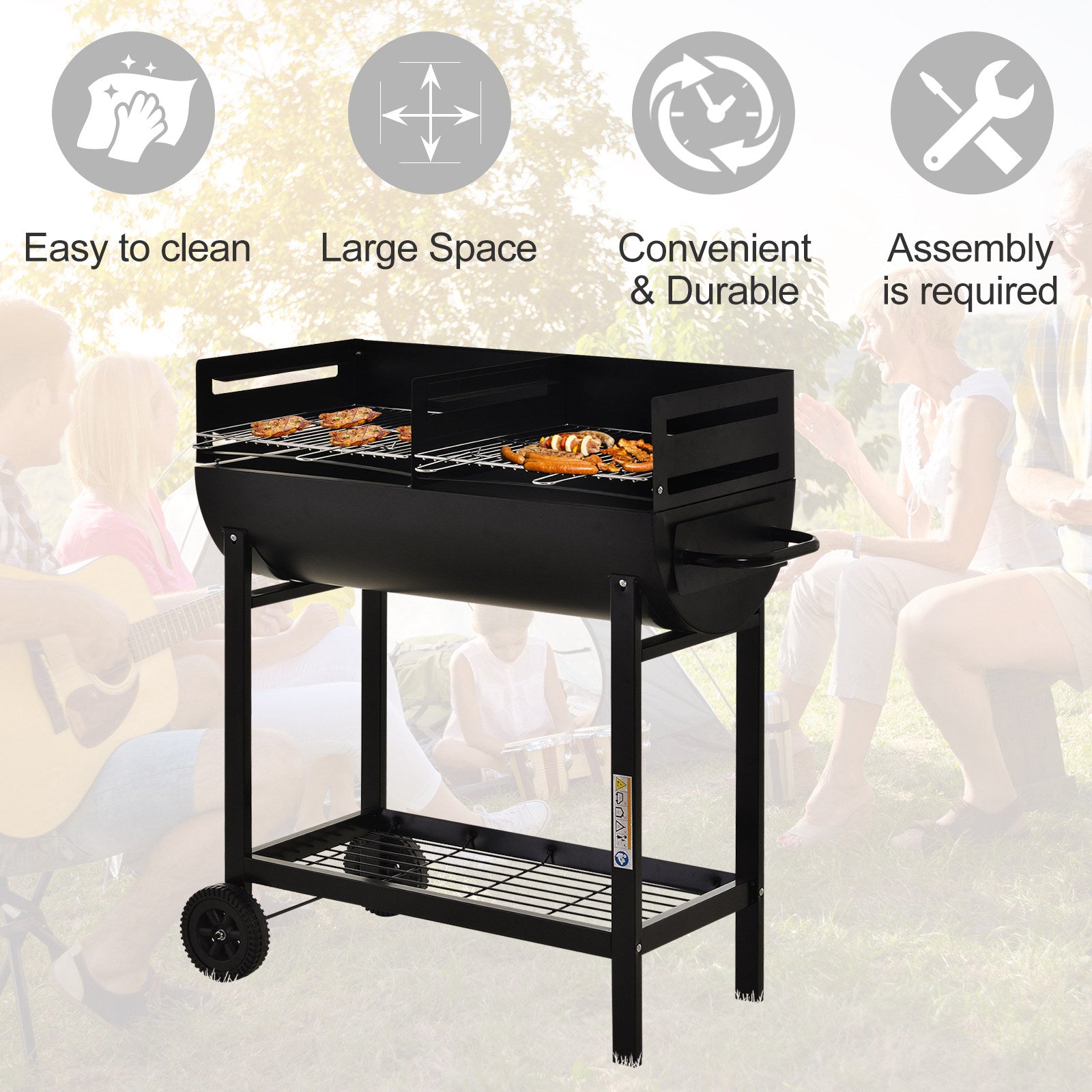 Charcoal Barbecue Grill Garden BBQ Trolley w/ Dual Grill, Adjustable Grill Nets, Heat-resistant Steel, Wheels, Black