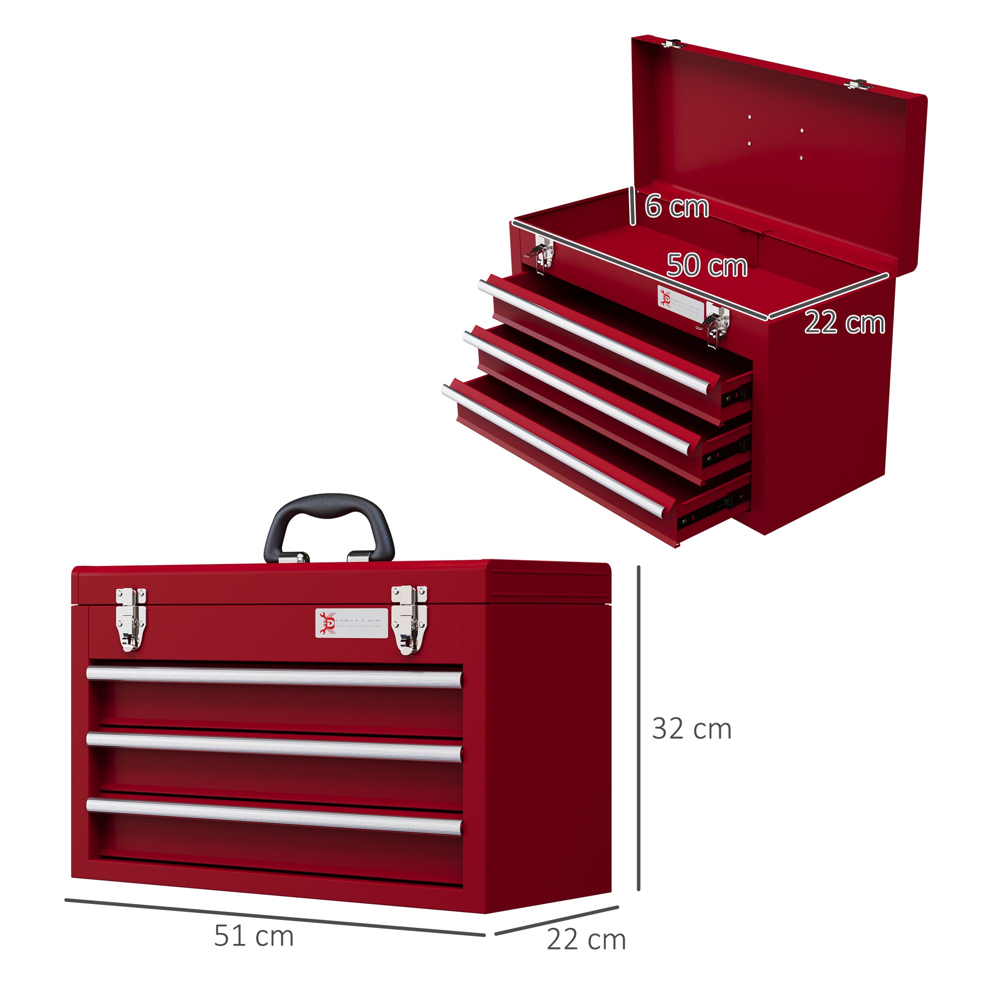 Lockable Metal Tool Box, 3 Drawer Tool Chest with Latches, Handle, Ball Bearing Runners, Red