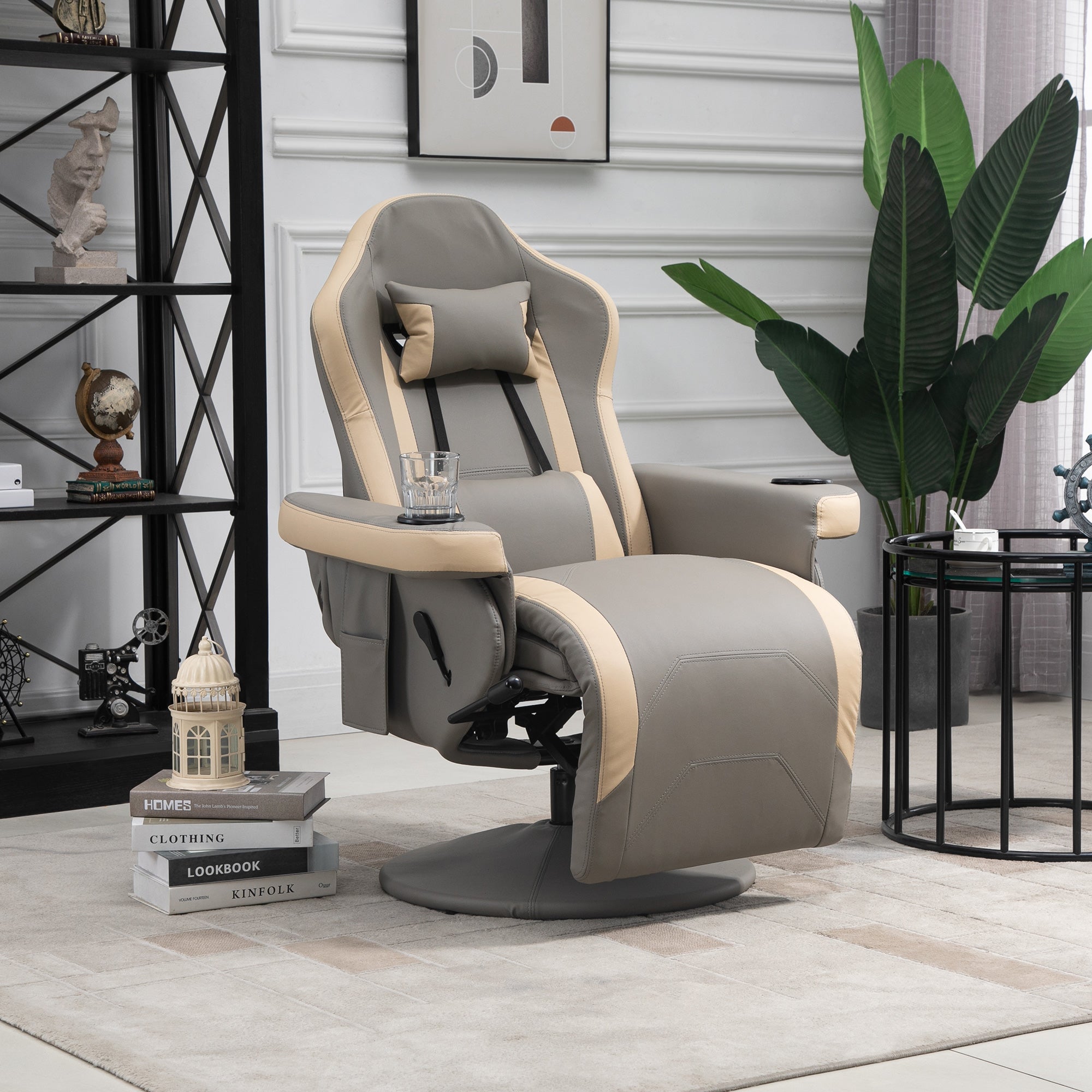 Manual Recliner Chair Armchair PU Leather Lounge Chair w/ Adjustable Leg Rest, 135° Reclining Function, 360° Swivel, Grey