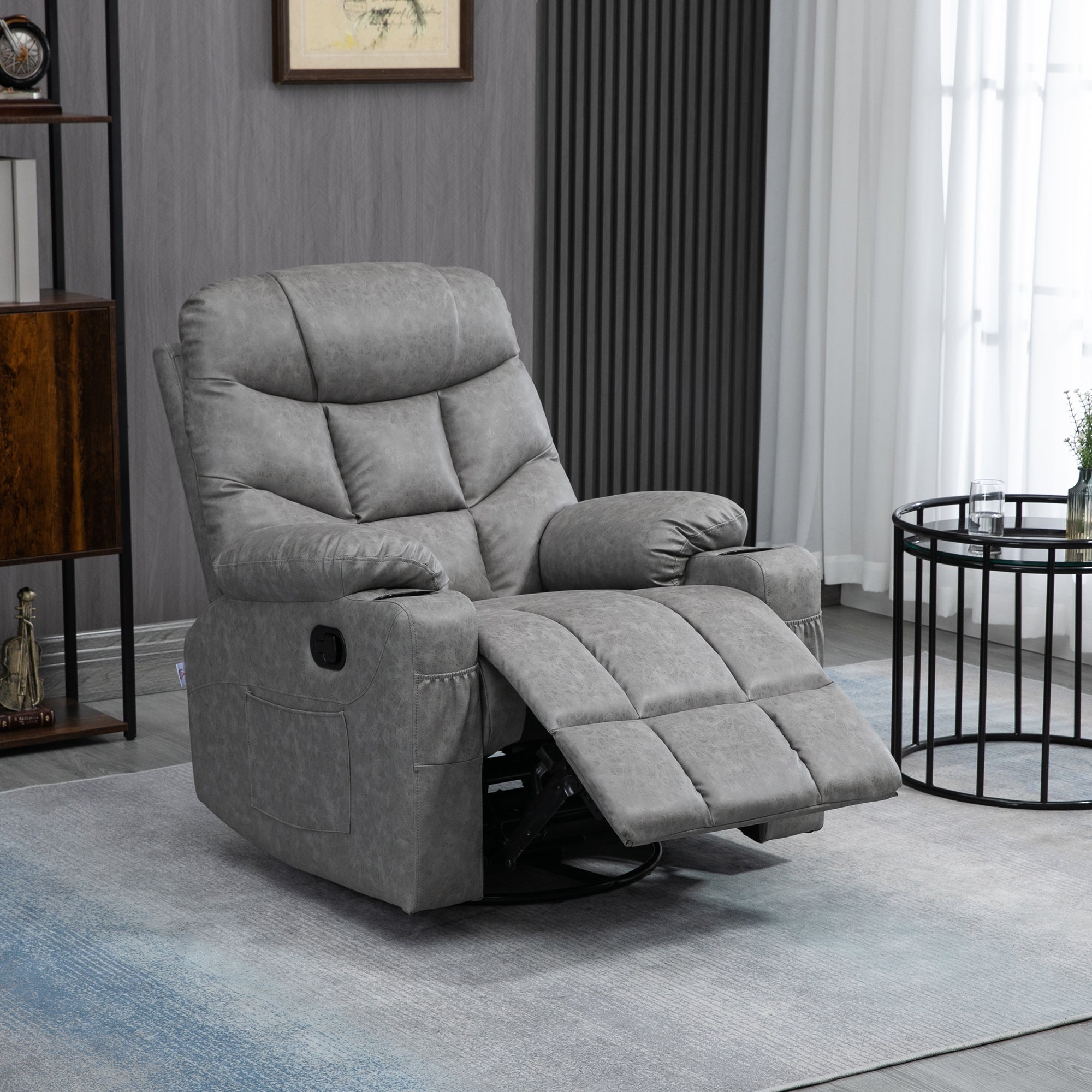 Manual Reclining Chair, Recliner Armchair with Faux Leather, Footrest, Cup Holders, 86x93x102cm, Grey