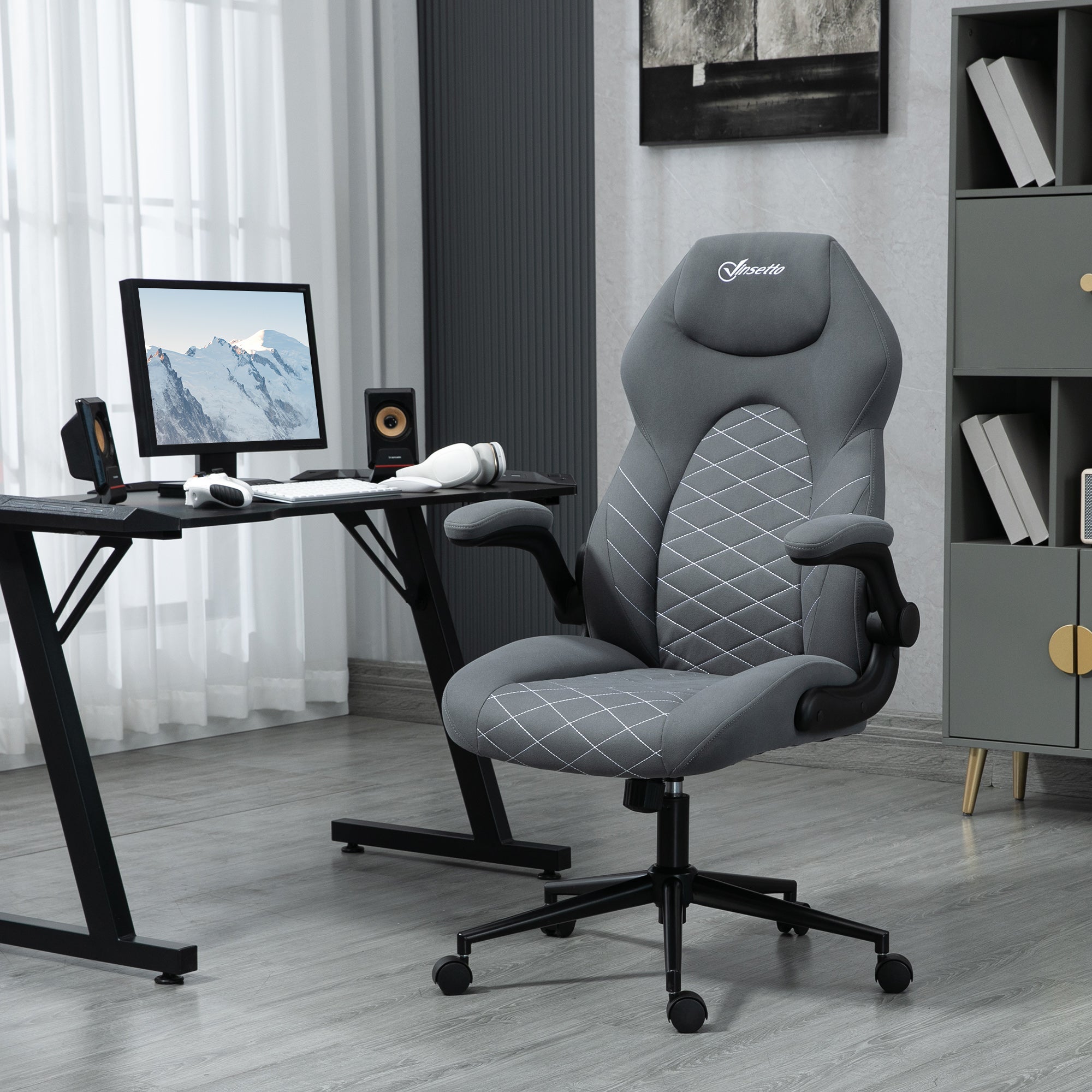 Home Office Desk Chair, Computer Chair with Flip Up Armrests, Swivel Seat and Tilt Function, Dark Grey