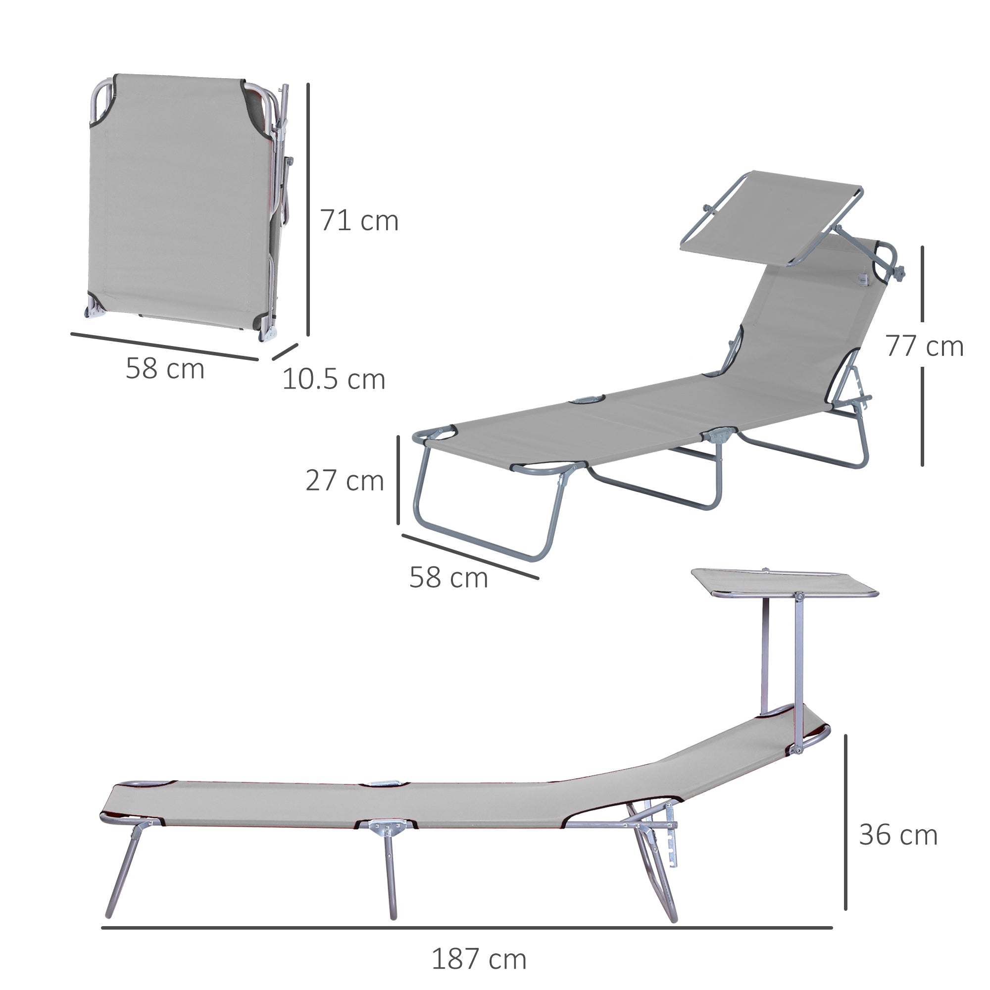 2 Pcs Outdoor Foldable Sun Lounger Set w/ Removeable Shade Canopy, Recliner Sun Lounger w/ Adjustable Backrest w/ Mesh Fabric, Light Grey