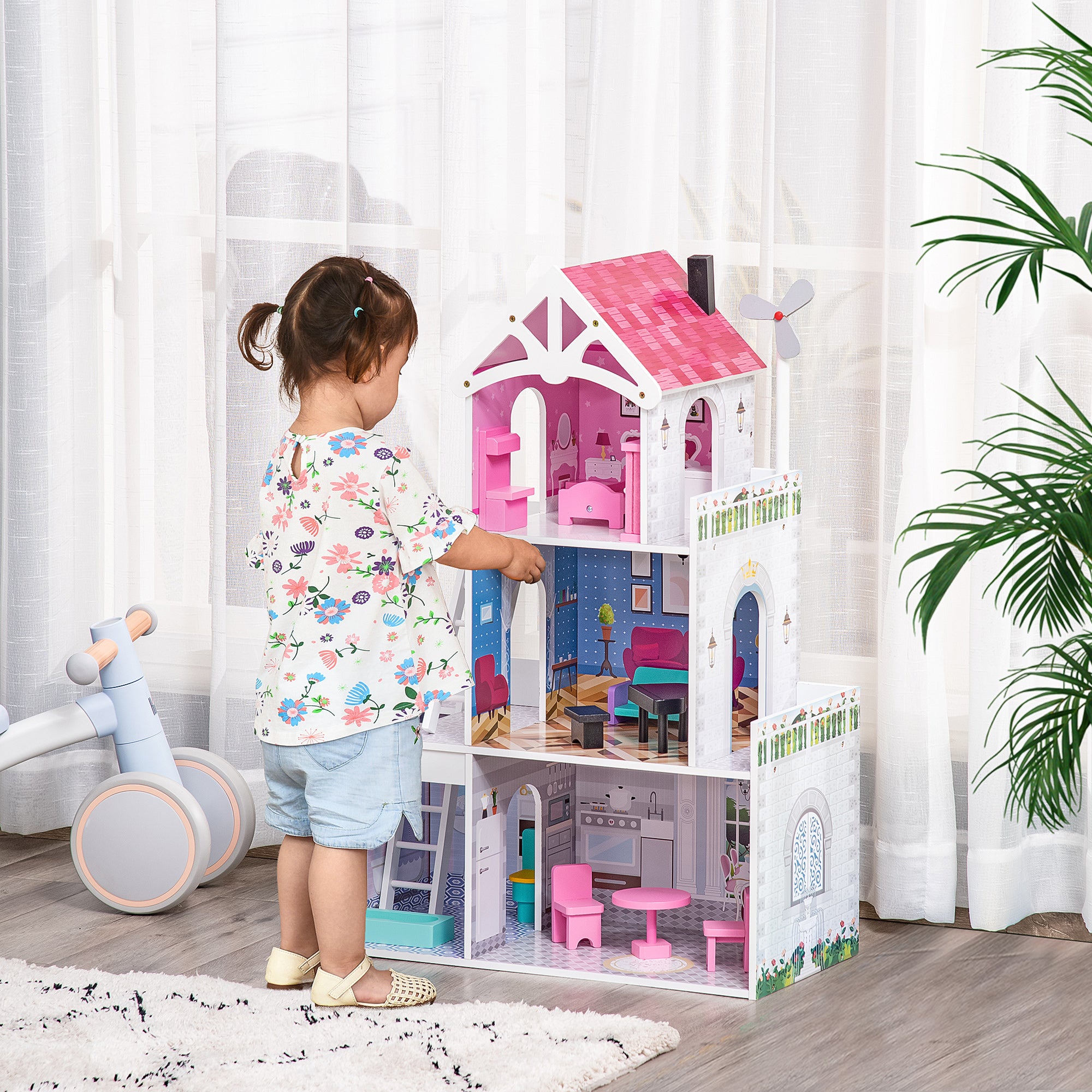 Kids Dollhouse Dreamhouse Villa for Toddler Girls Multi-level House for Children with Furniture Accessories Kit Pink