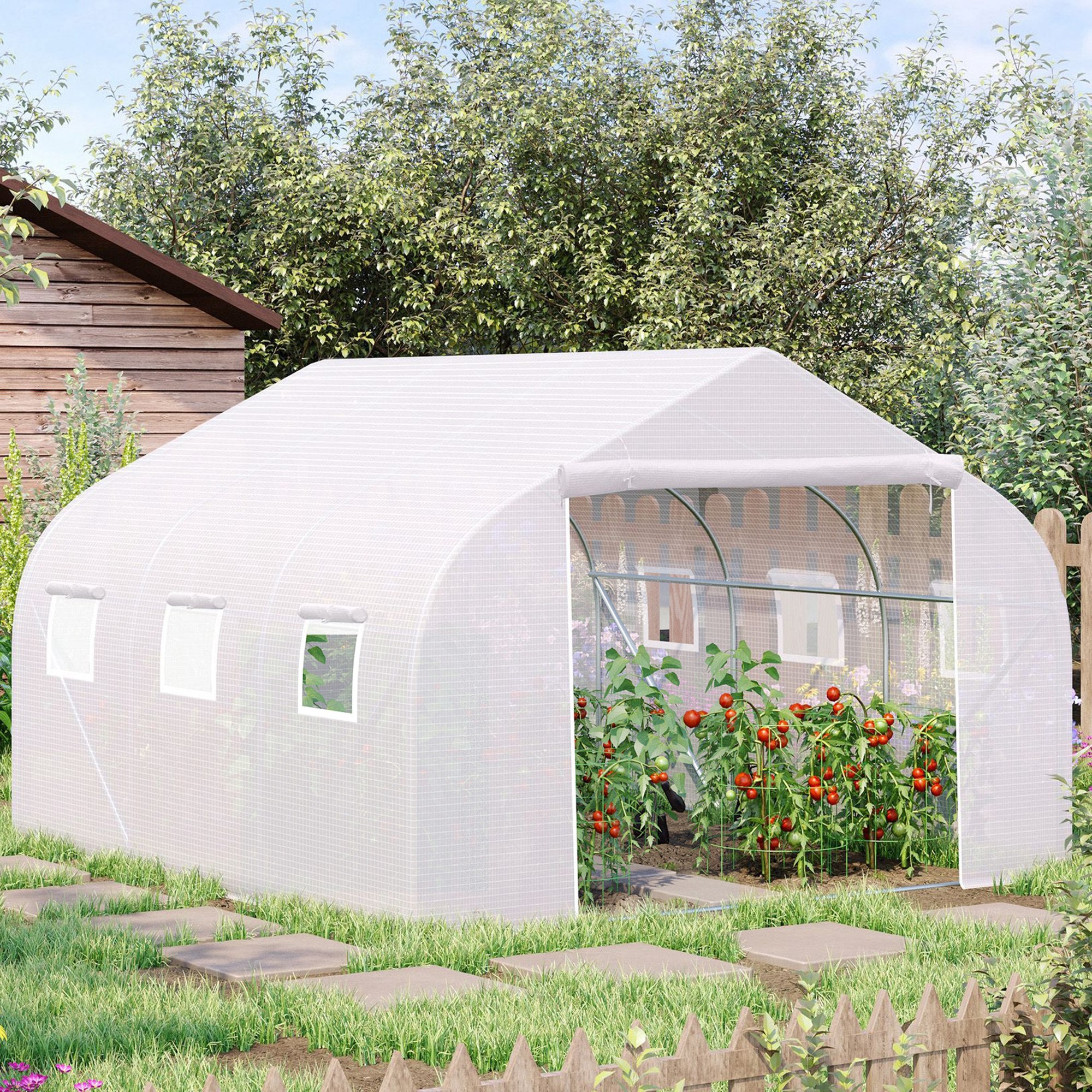 3.5 x 3 x 2m Walk-In Greenhouse Polytunnel Greenhouse Garden Hot House with Steel Frame, Roll Up Door and Windows, White